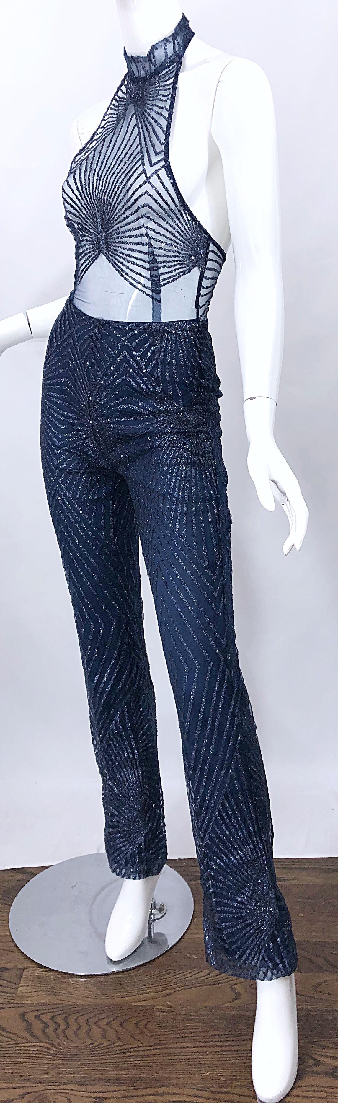 1990s Does 1970s Navy Blue Sheer Mesh Glitter Vintage 90s Sexy Halter Jumpsuit For Sale 8
