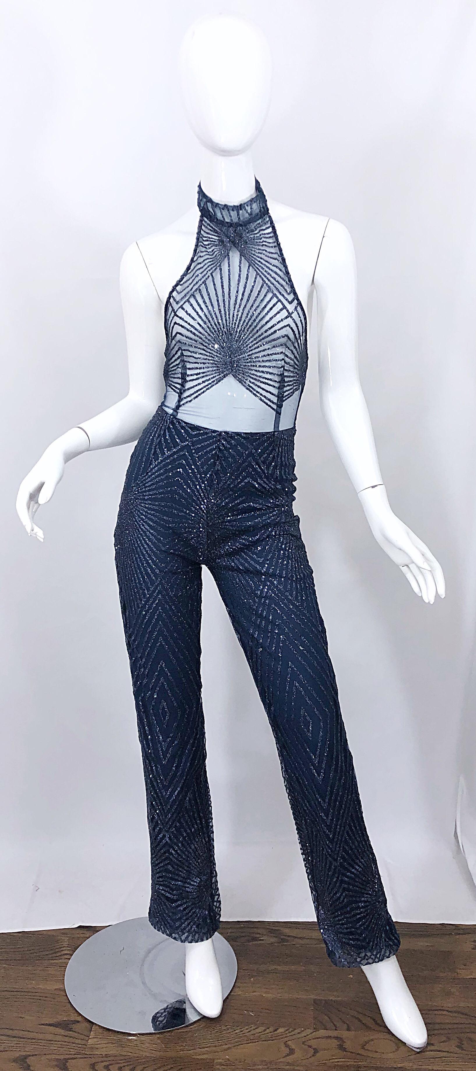1990s Does 1970s Navy Blue Sheer Mesh Glitter Vintage 90s Sexy Halter Jumpsuit For Sale 9