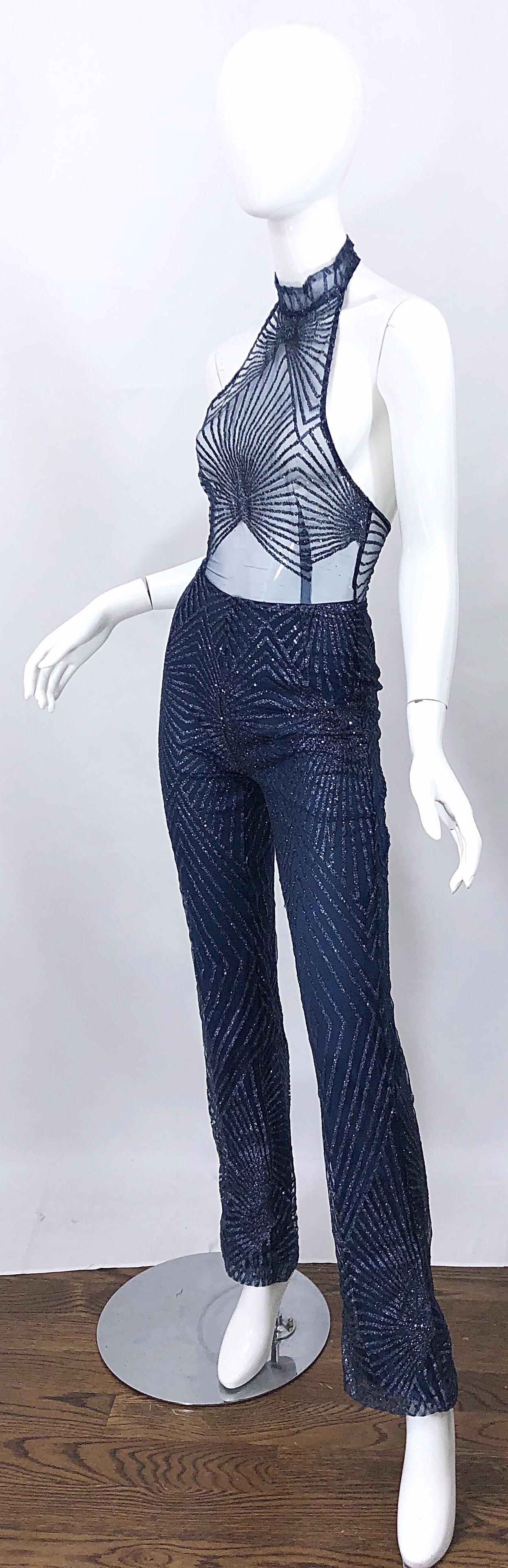 1990s Does 1970s Navy Blue Sheer Mesh Glitter Vintage 90s Sexy Halter Jumpsuit In Excellent Condition For Sale In San Diego, CA