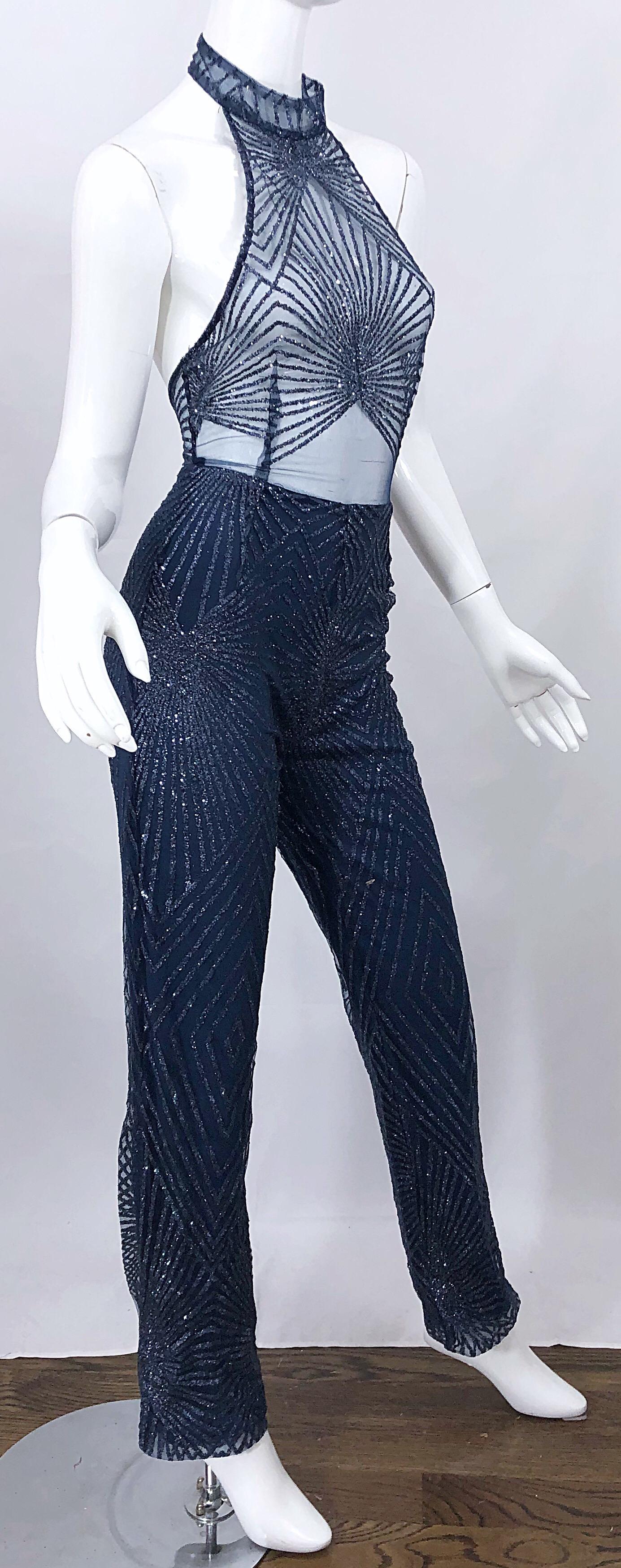 Women's 1990s Does 1970s Navy Blue Sheer Mesh Glitter Vintage 90s Sexy Halter Jumpsuit For Sale