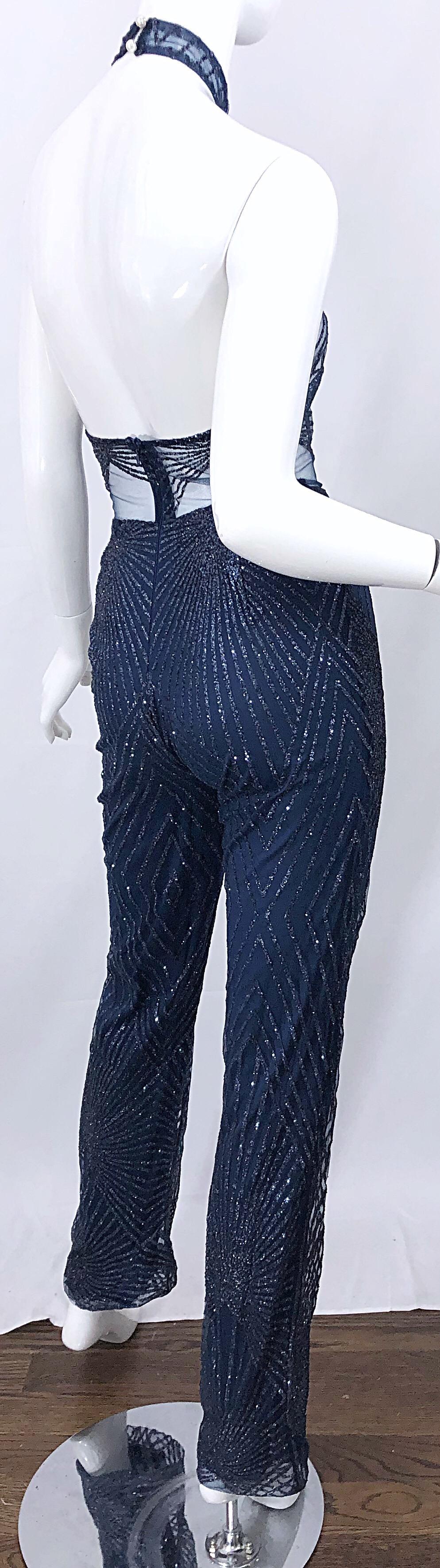 1990s Does 1970s Navy Blue Sheer Mesh Glitter Vintage 90s Sexy Halter Jumpsuit For Sale 1