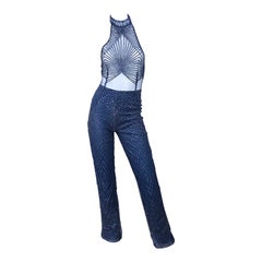 1990s Does 1970s Navy Blue Sheer Mesh Glitter Retro 90s Sexy Halter Jumpsuit