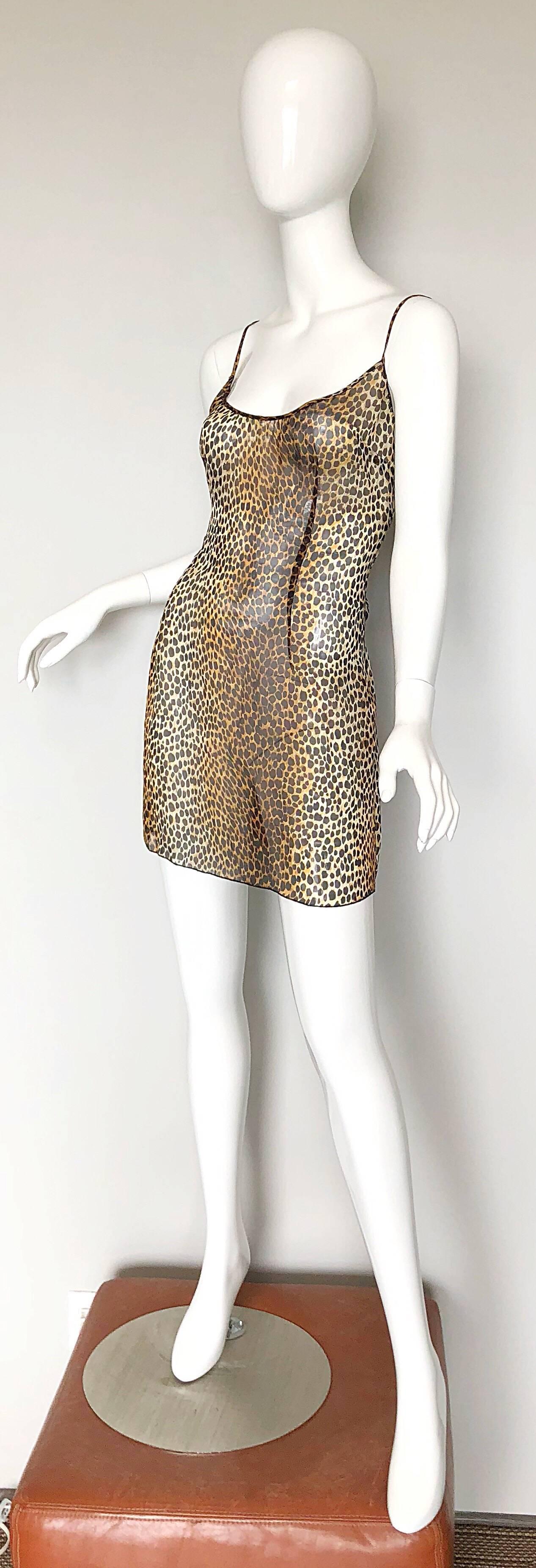 Brown 1990s Dolce & Gabbana Leopard Print Silk Chiffon Semi Sheer Vintage Mini Dress