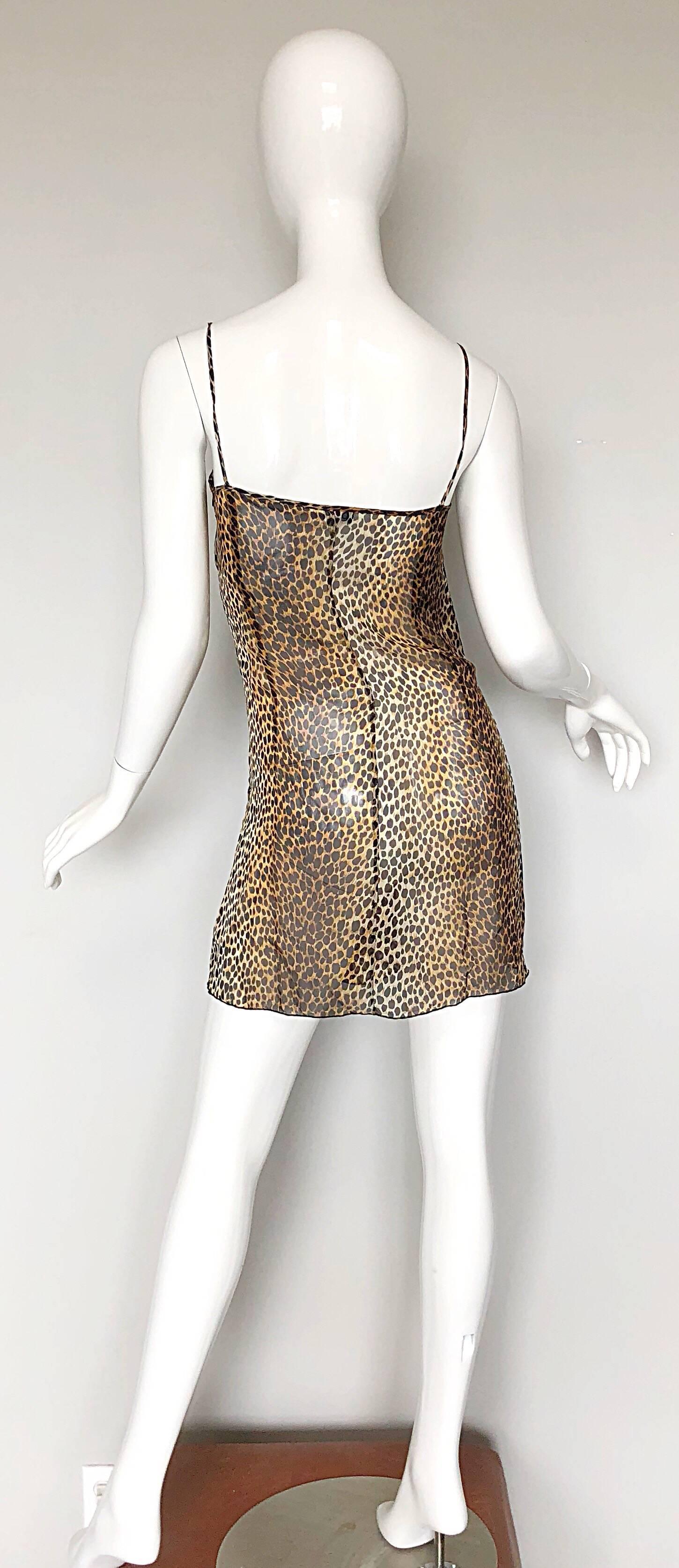 1990s Dolce & Gabbana Leopard Print Silk Chiffon Semi Sheer Vintage Mini Dress In Excellent Condition In San Diego, CA