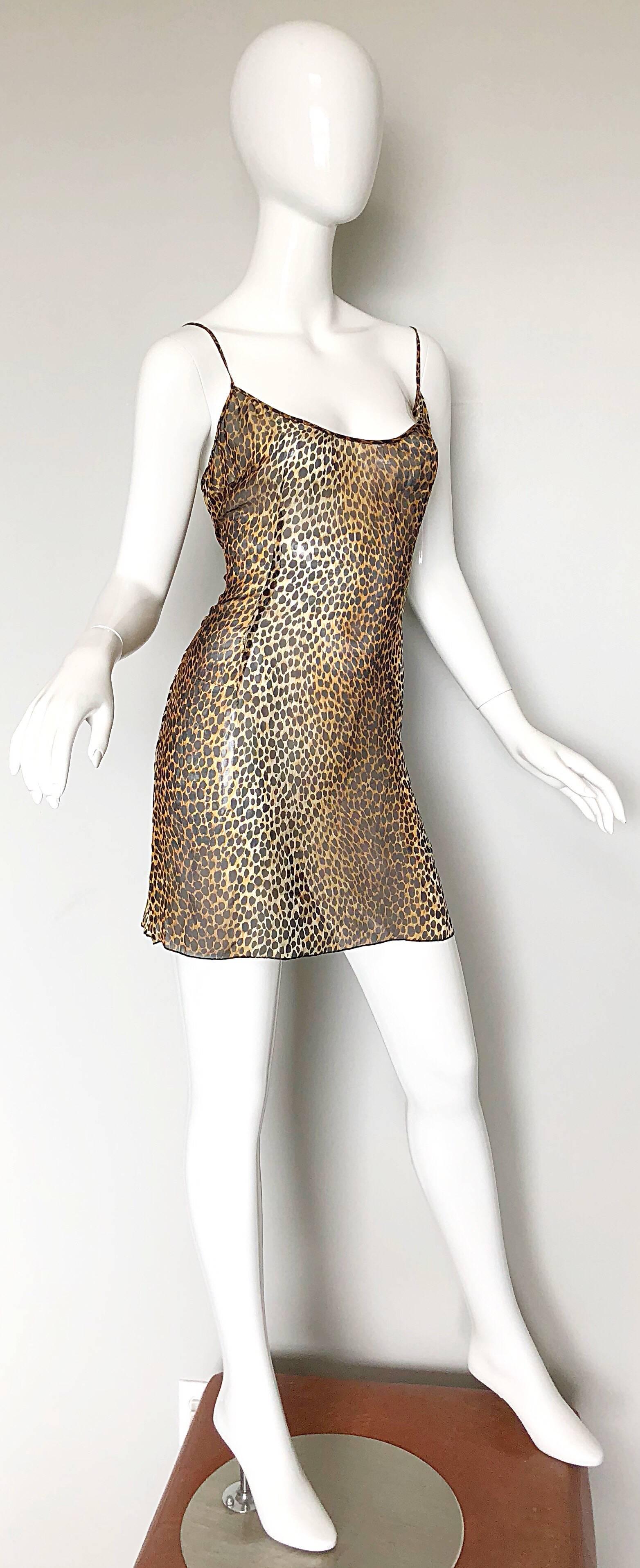 1990s Dolce & Gabbana Leopard Print Silk Chiffon Semi Sheer Vintage Mini Dress 1