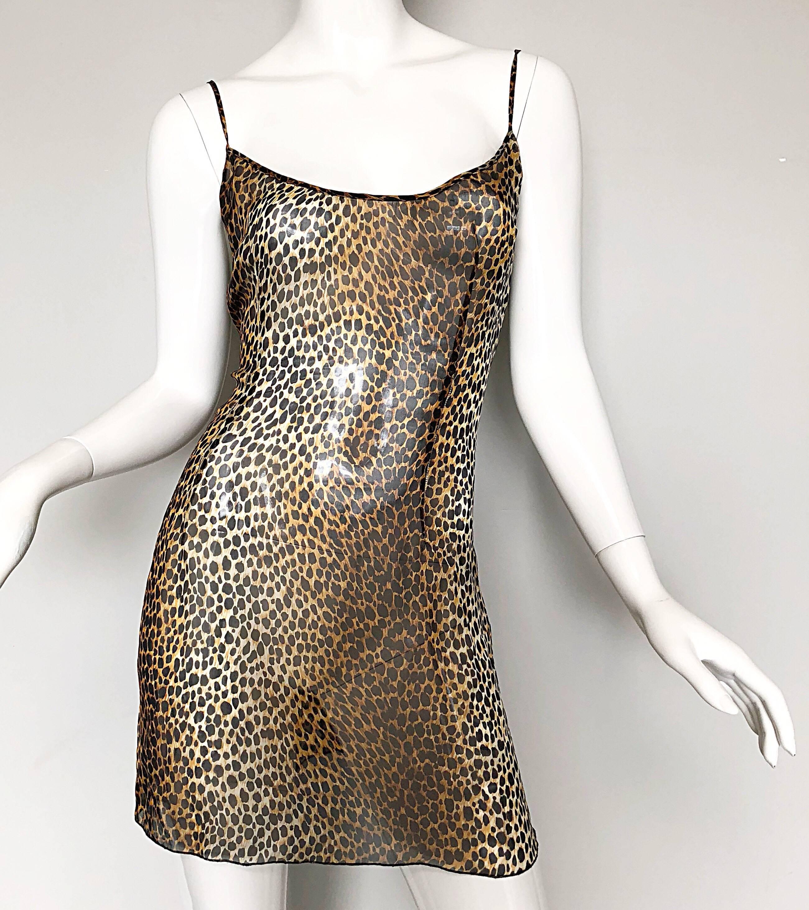 1990s Dolce & Gabbana Leopard Print Silk Chiffon Semi Sheer Vintage Mini Dress 2