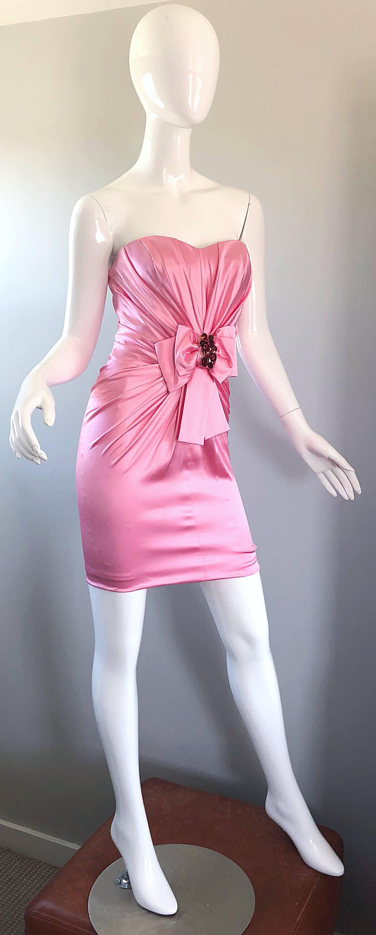 1990s Dolce and Gabbana Bubblegum Pink + Red Crystal Beaded 90s Silk Mini Dress 5