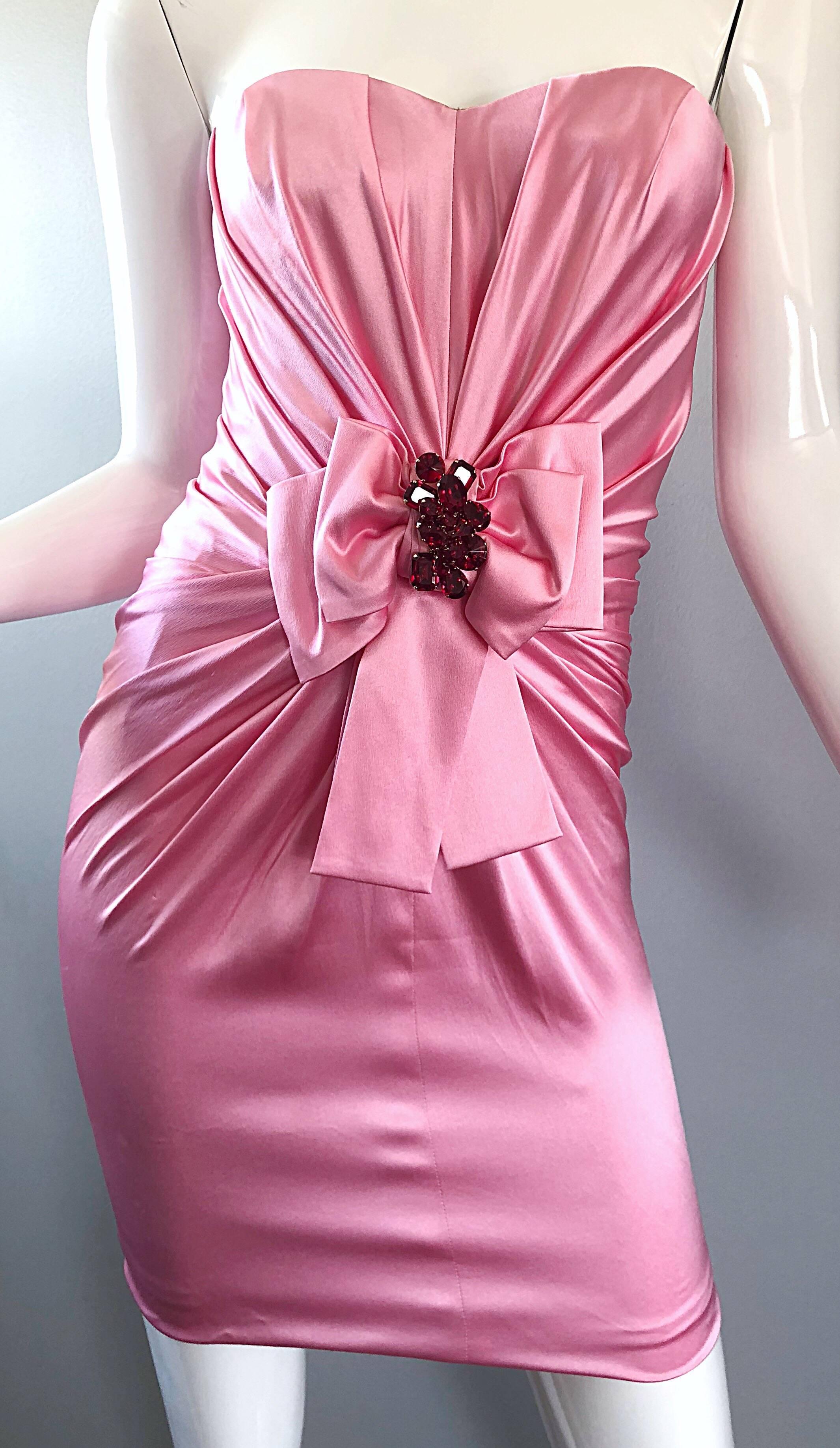 1990s Dolce and Gabbana Bubblegum Pink + Red Crystal Beaded 90s Silk Mini Dress 7