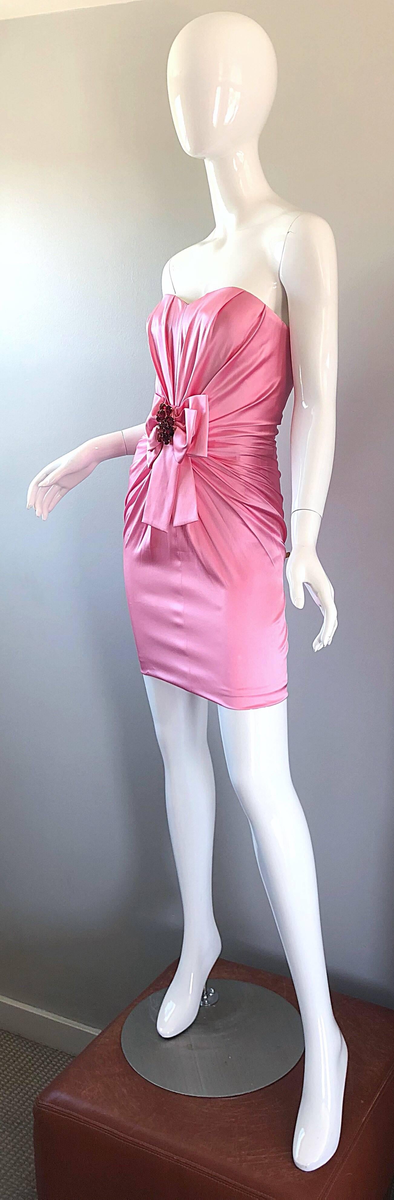 1990s Dolce and Gabbana Bubblegum Pink + Red Crystal Beaded 90s Silk Mini Dress In Excellent Condition In San Diego, CA