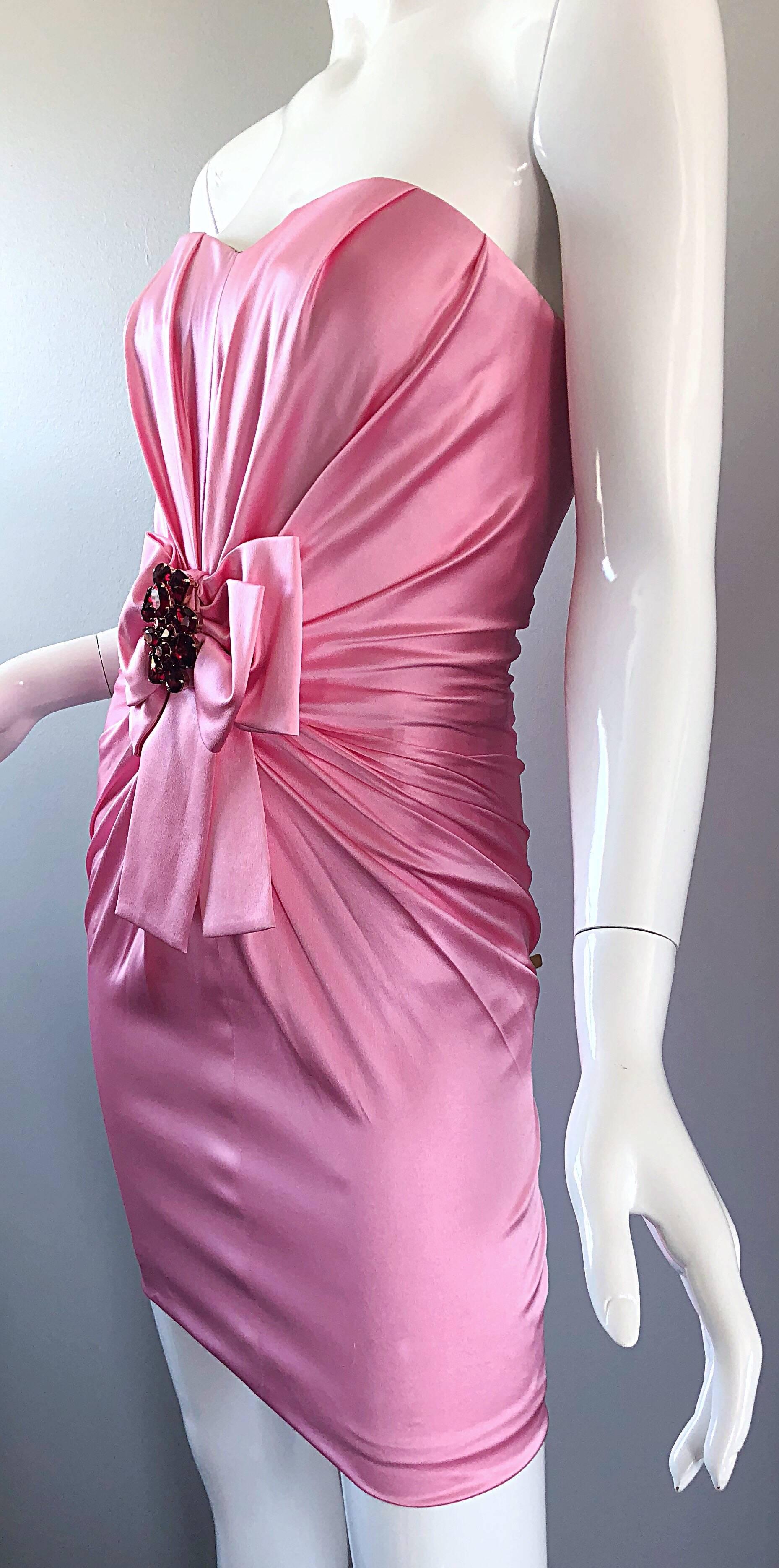 1990s Dolce and Gabbana Bubblegum Pink + Red Crystal Beaded 90s Silk Mini Dress 4