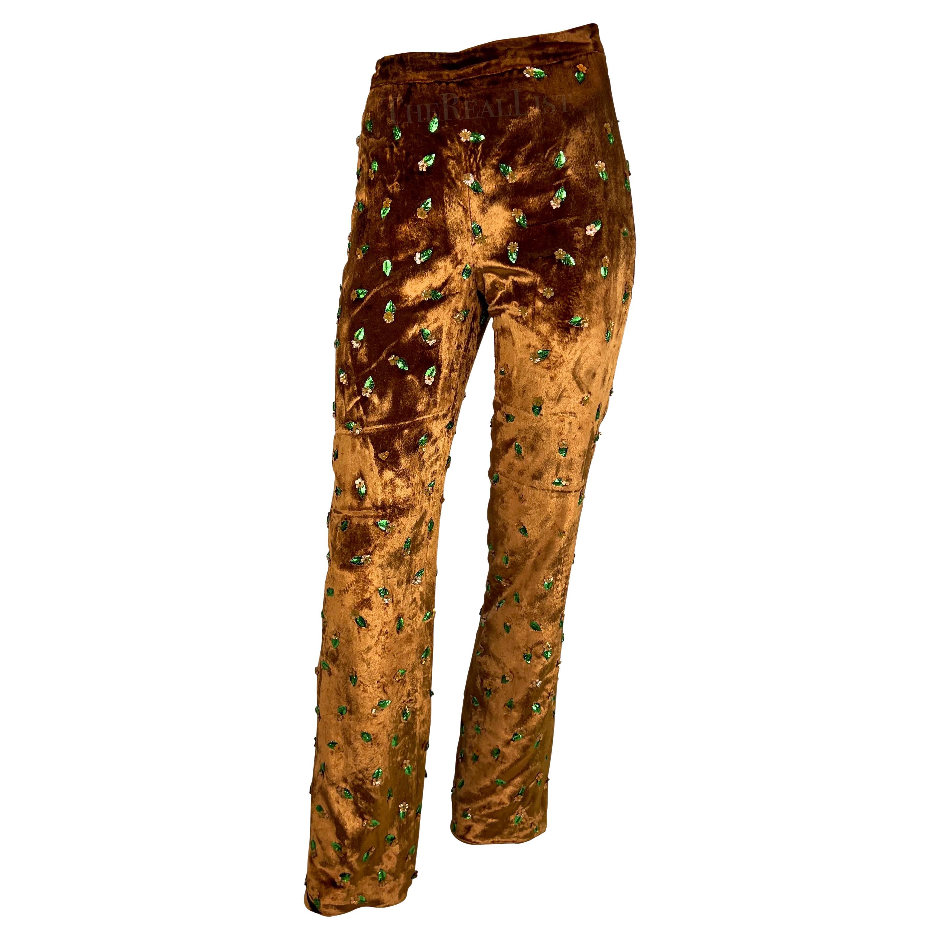 1990s Dolce and Gabbana Copper Velvet Floral Embellished Pants In Good Condition For Sale In West Hollywood, CA