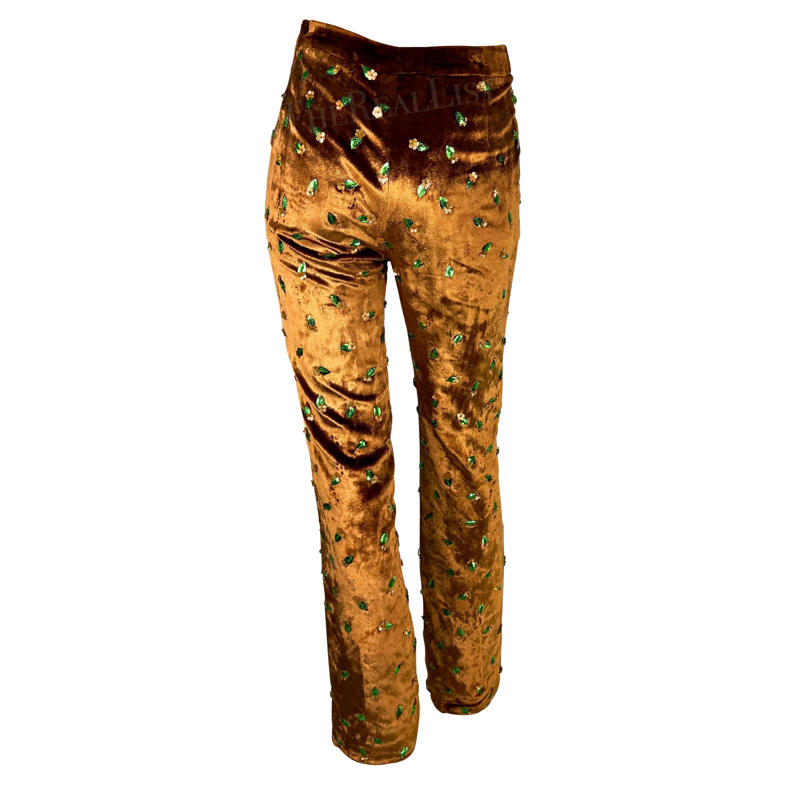 1990s Dolce and Gabbana Copper Velvet Floral Embellished Pants For Sale 1
