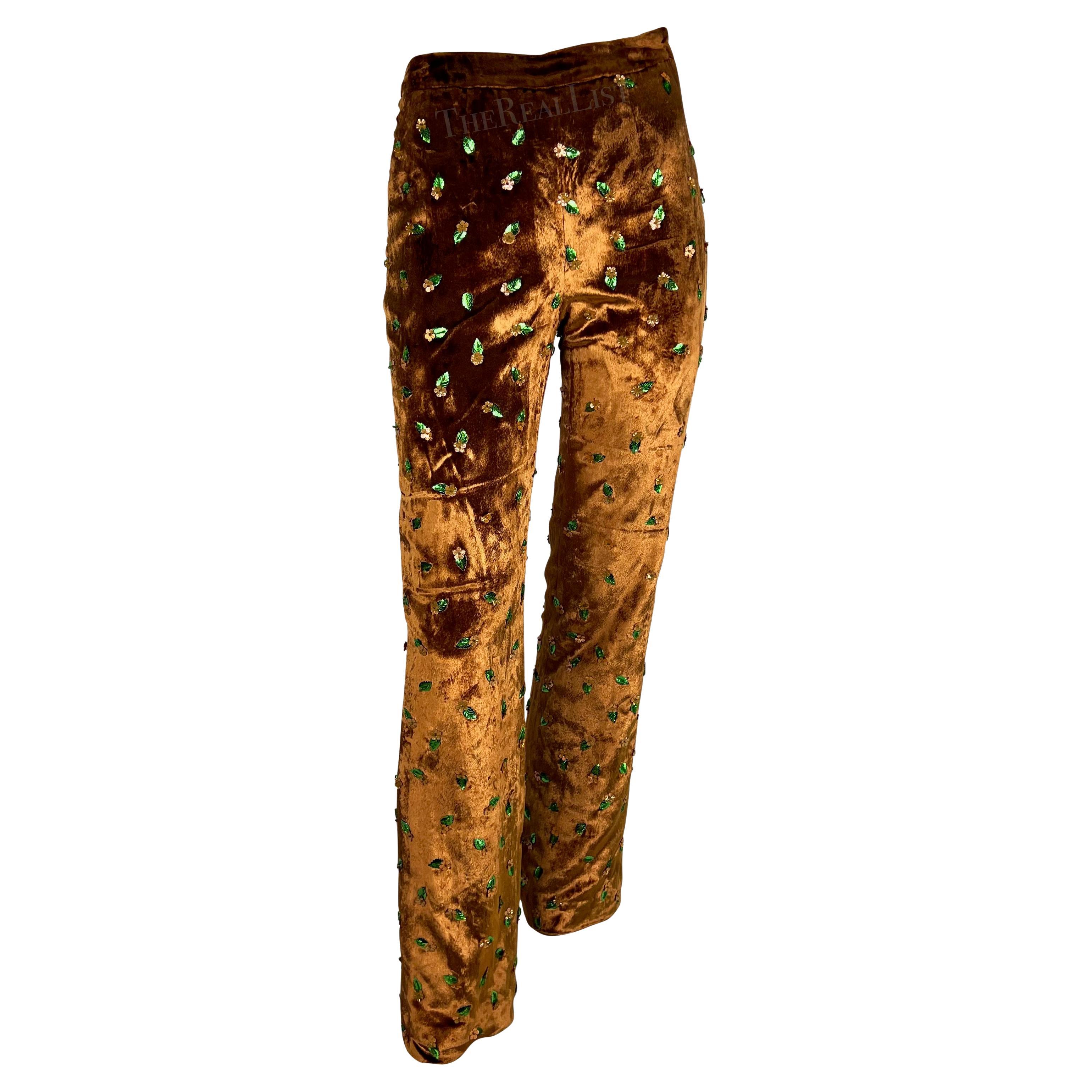 1990s Dolce and Gabbana Copper Velvet Floral Embellished Pants For Sale