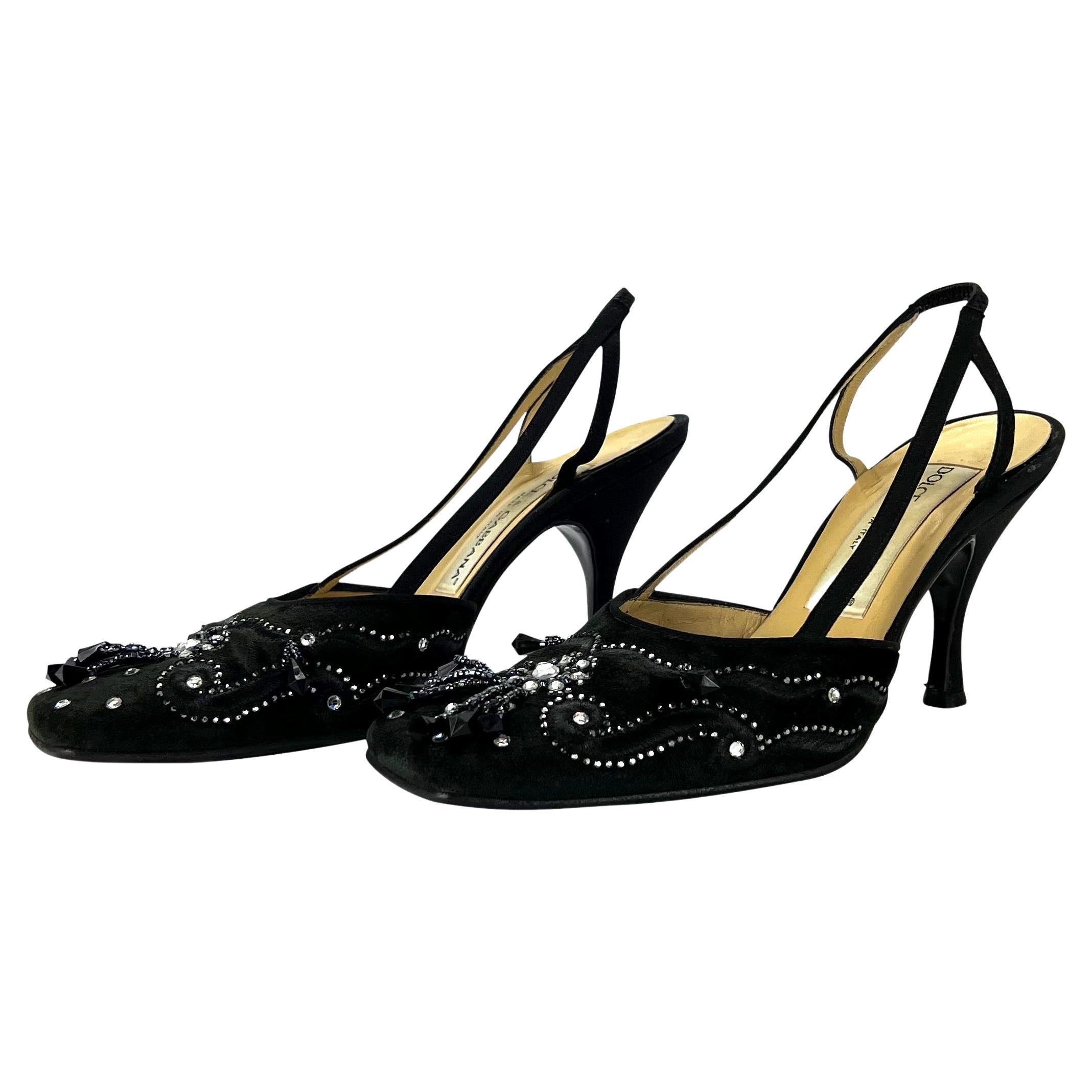 1990s Dolce and Gabbana Rhinestone Embroidered Black Velvet Crystal Heel Size 36 In Fair Condition For Sale In West Hollywood, CA