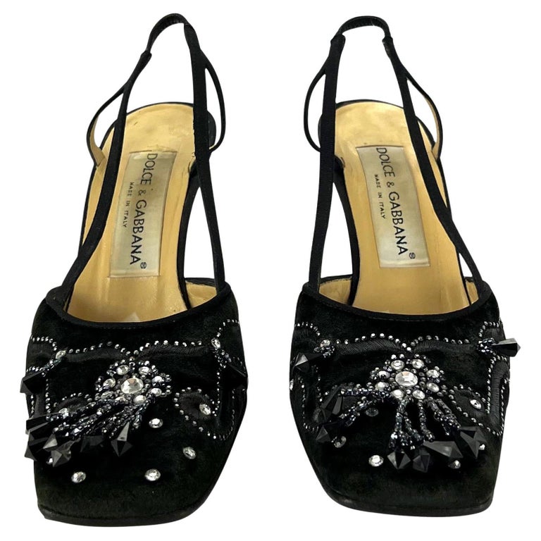 1990s Dolce and Gabbana Rhinestone Embroidered Black Velvet Crystal Heel Size 36 For Sale 1