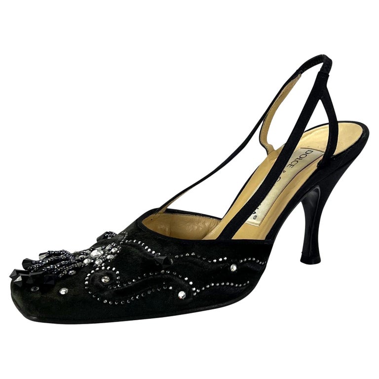 1990s Dolce and Gabbana Rhinestone Embroidered Black Velvet Crystal Heel Size 36 For Sale