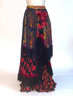 1990s Dolce and Gabbana Tiered Floral Fringe Skirt in Black Red and Yellow