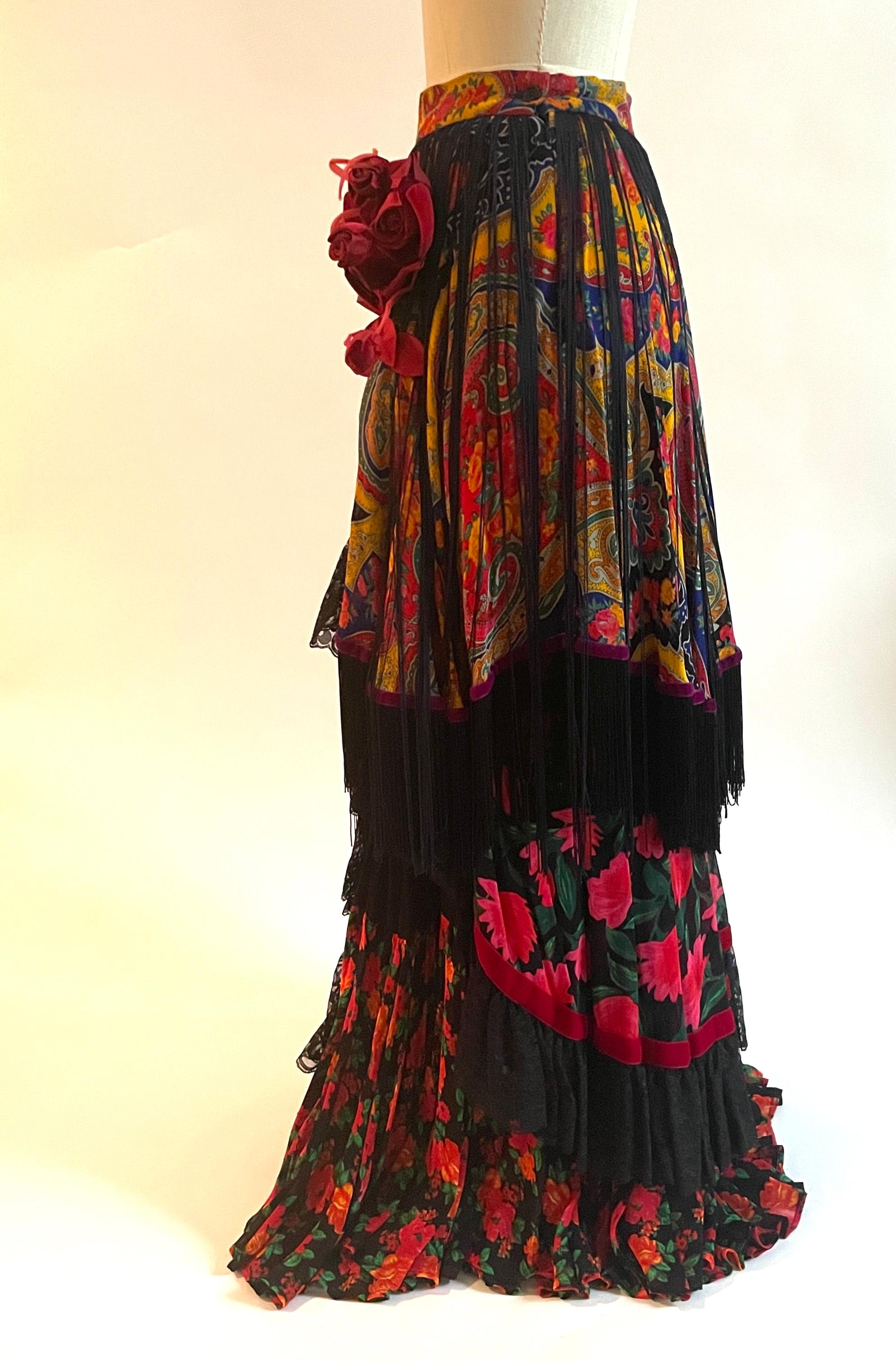 1990s Dolce and Gabbana Tiered Floral Fringe Skirt in Black Red and Yellow In Excellent Condition For Sale In San Francisco, CA