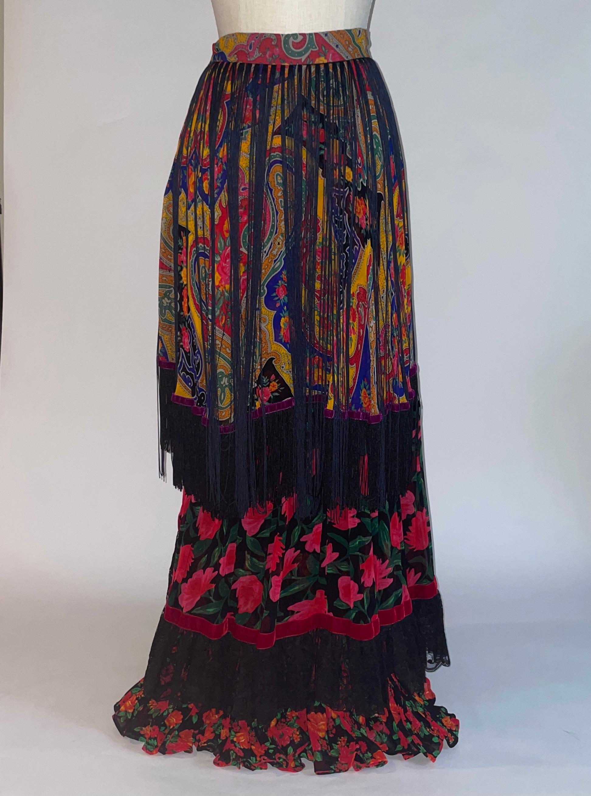 Women's 1990s Dolce and Gabbana Tiered Floral Fringe Skirt in Black Red and Yellow For Sale