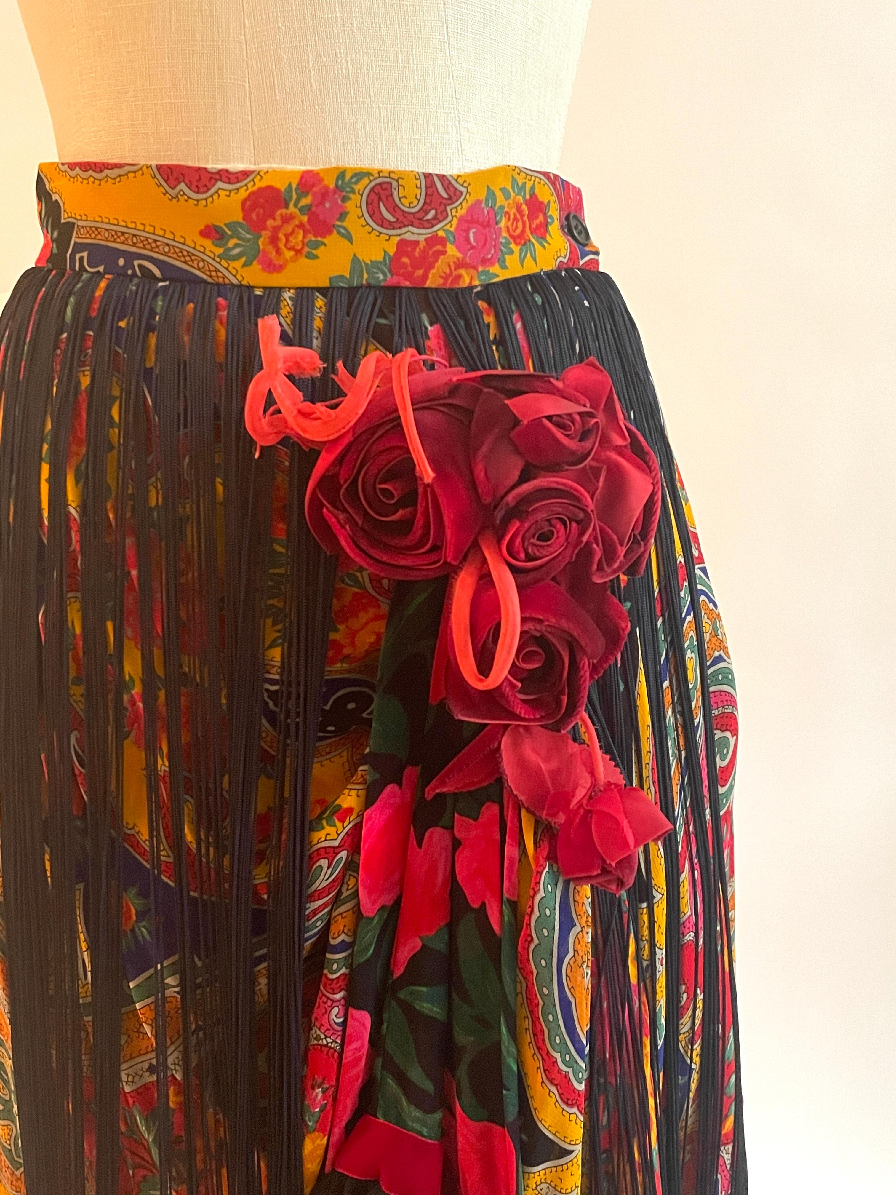 1990s Dolce and Gabbana Tiered Floral Fringe Skirt in Black Red and Yellow For Sale 1