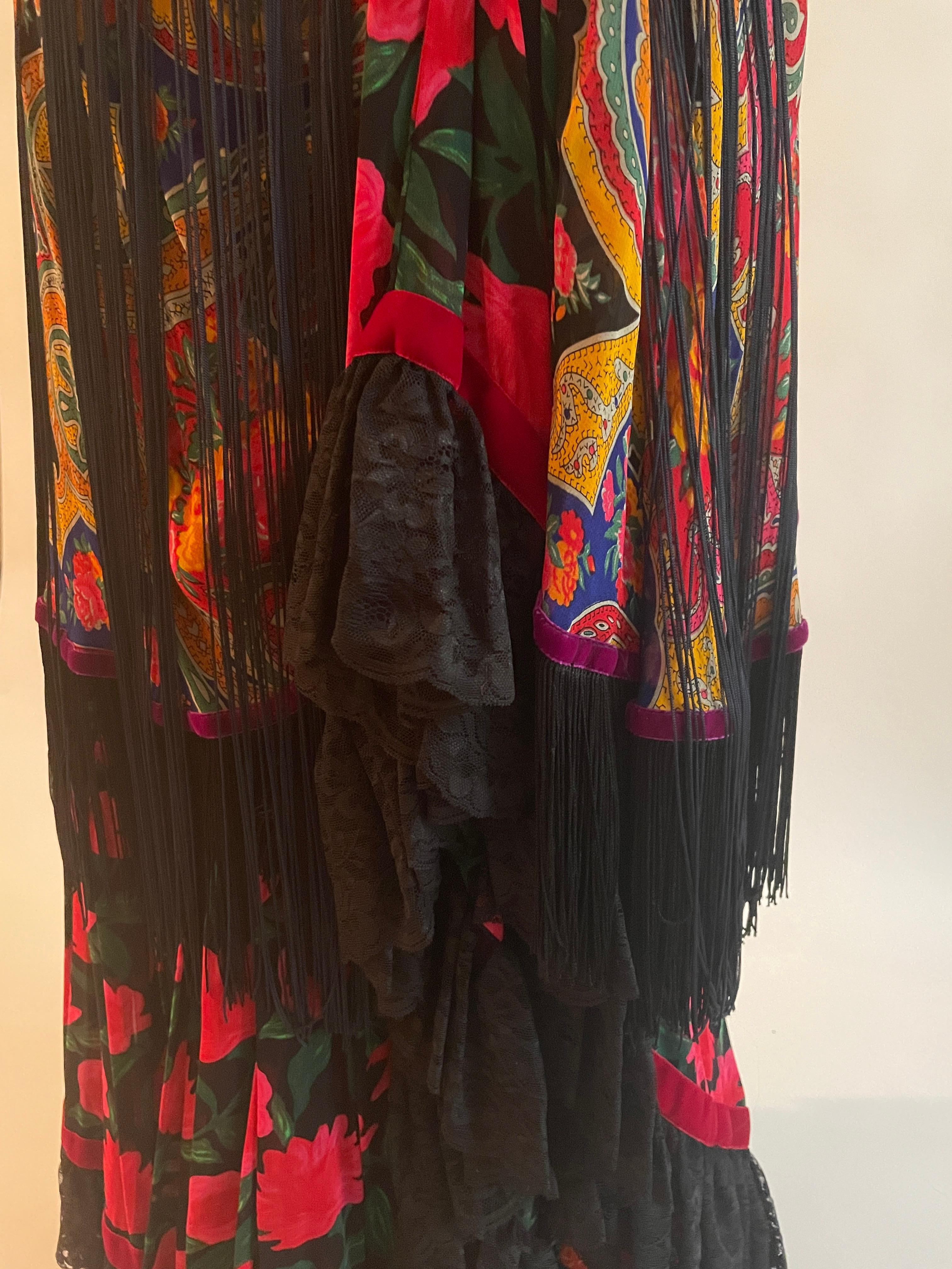 1990s Dolce and Gabbana Tiered Floral Fringe Skirt in Black Red and Yellow For Sale 2
