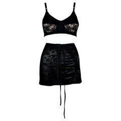 Vintage 1990's Dolce & Gabbana 40's Pin-Up Black Bullet Lace Bra Top & Corset Mini Skirt