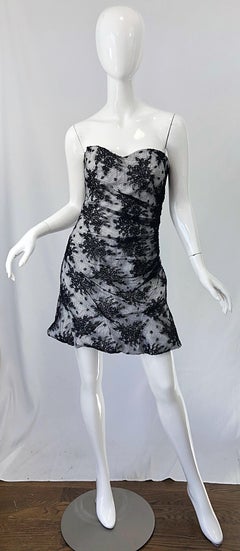 1990s Dolce & Gabbana Black and White Lace Size 44 / US 8 Strapless Mini Dress