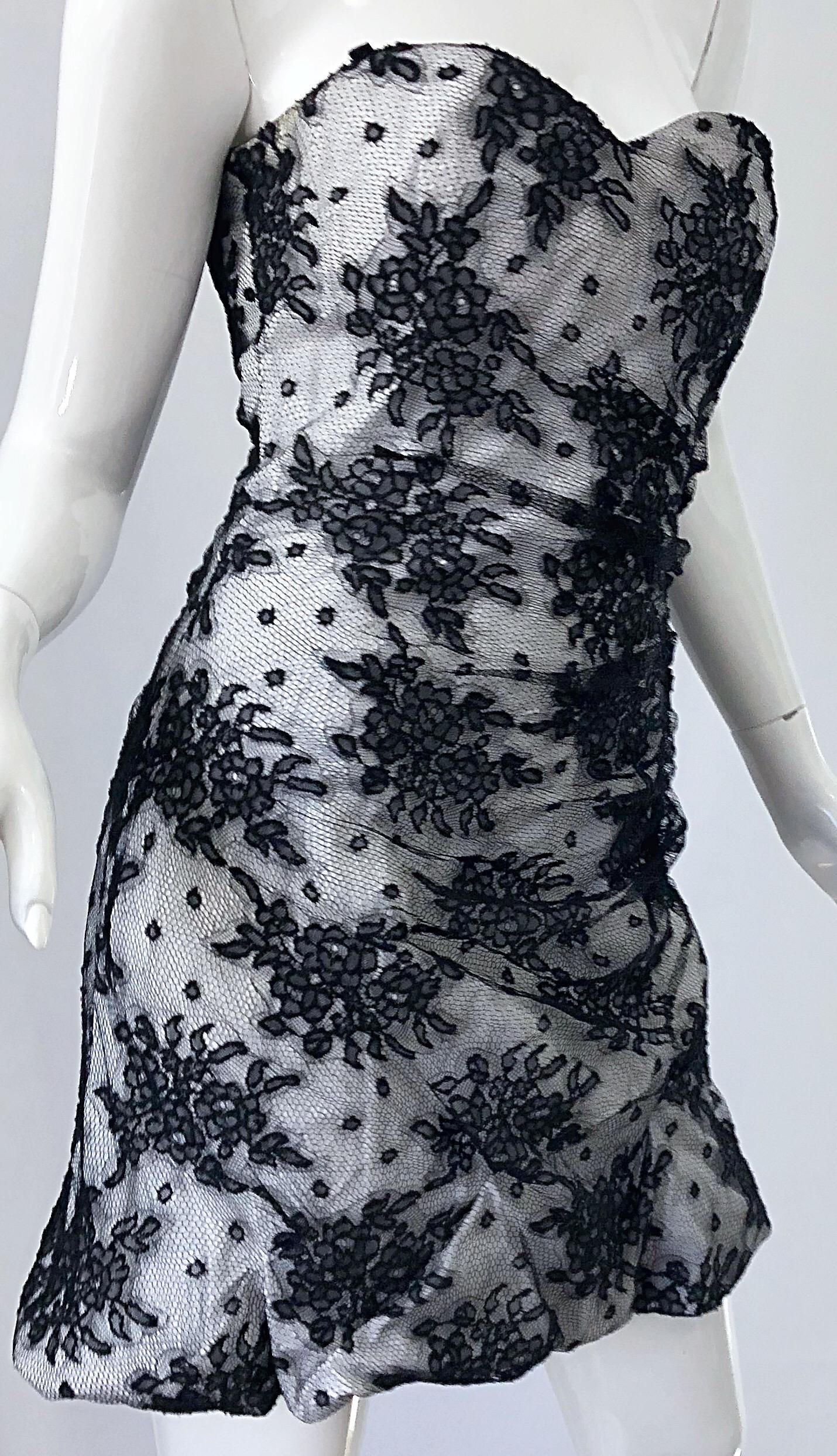 1990s Dolce & Gabbana Black and White Lace Size 44 / US 8 Strapless Mini Dress 1