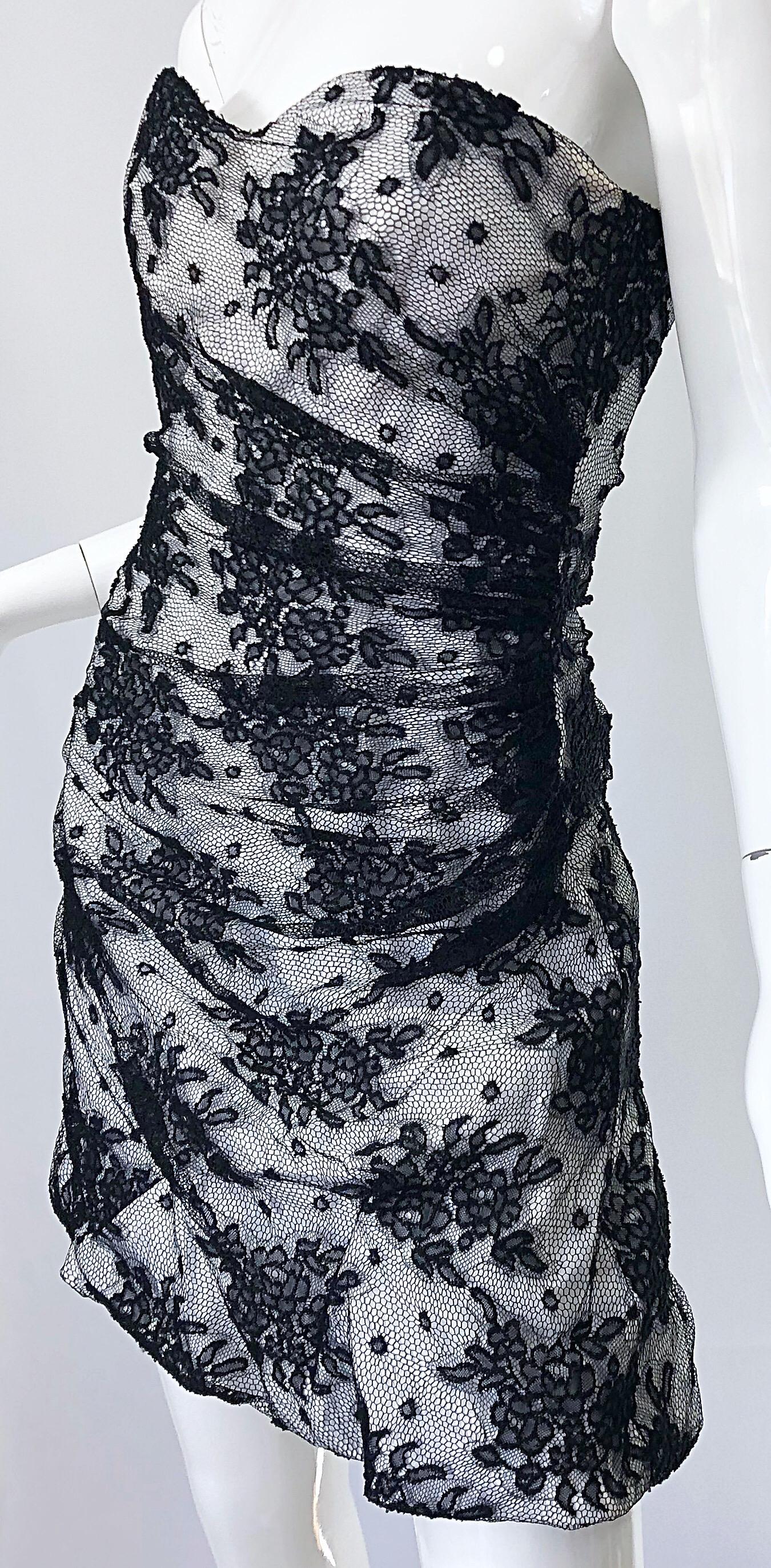 1990s Dolce & Gabbana Black and White Lace Size 44 / US 8 Strapless Mini Dress 2