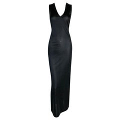 1990's Dolce & Gabbana Black Bodycon Low V-Neck High Slit Gown Dress