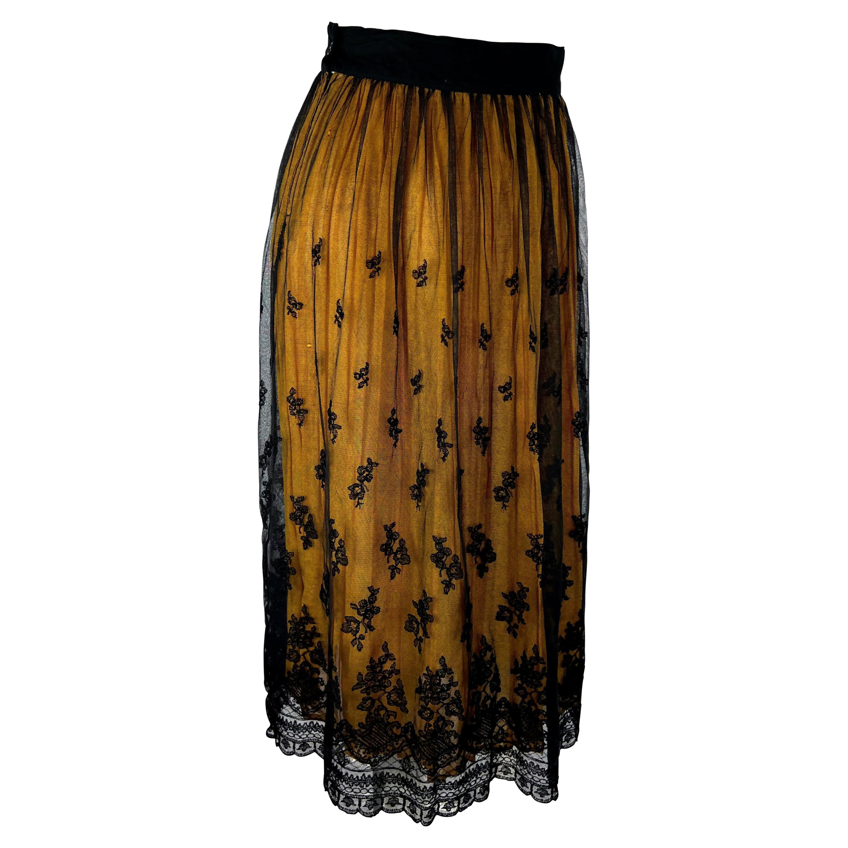 Brown 1990s Dolce & Gabbana Black Lace Overlay Yellow Sheer Flared Maxi Skirt For Sale
