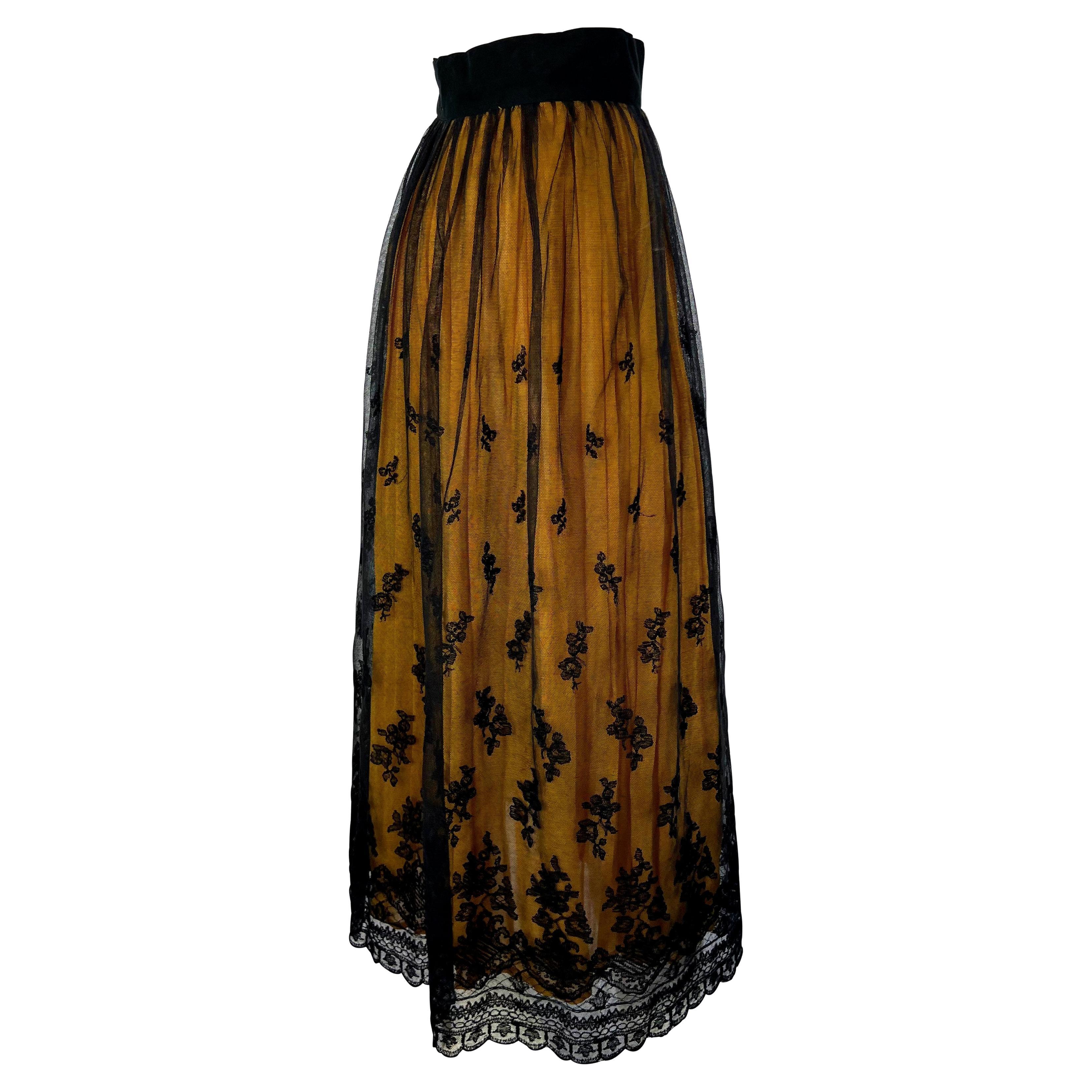 1990s Dolce & Gabbana Black Lace Overlay Yellow Sheer Flared Maxi Skirt In Good Condition For Sale In West Hollywood, CA