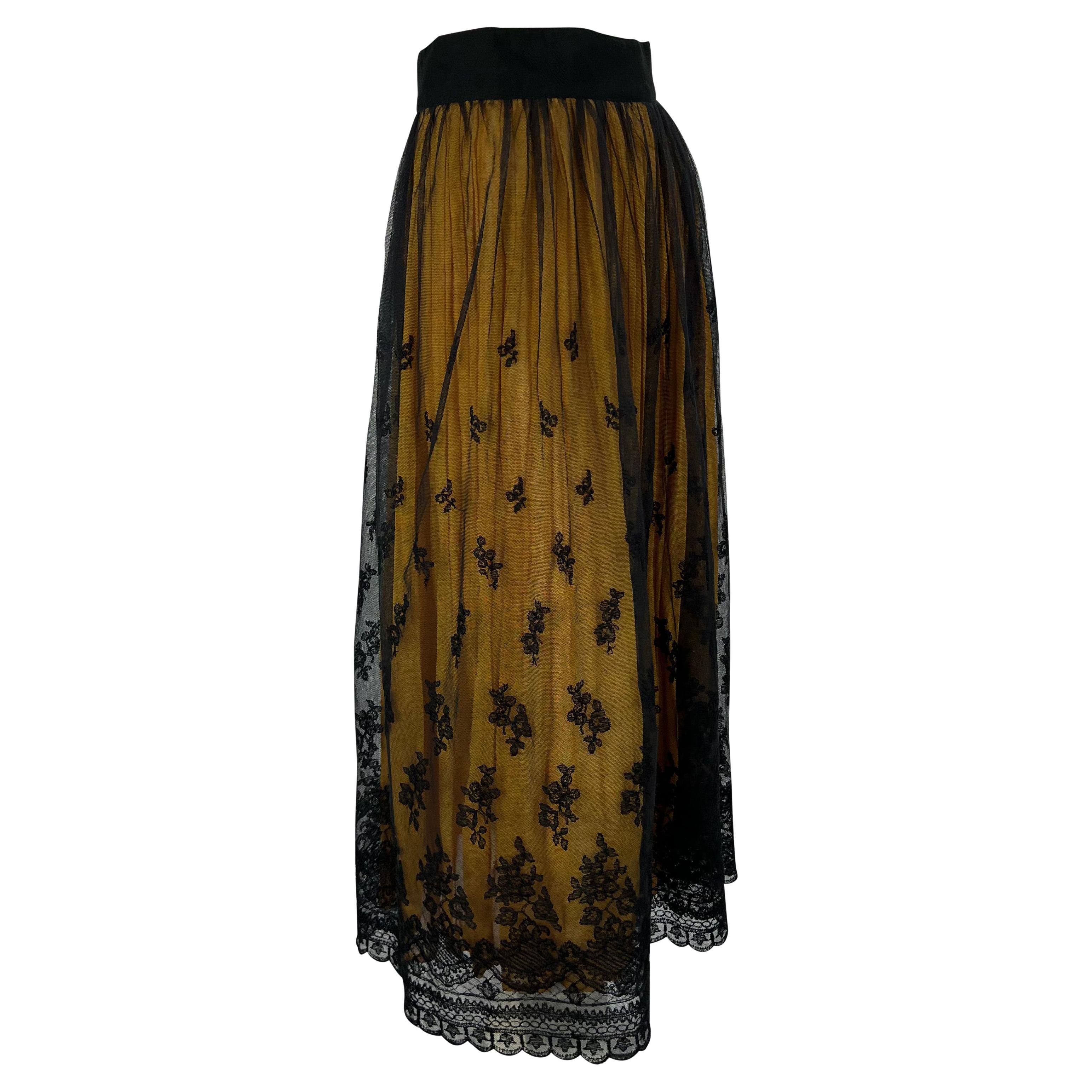 Women's 1990s Dolce & Gabbana Black Lace Overlay Yellow Sheer Flared Maxi Skirt For Sale