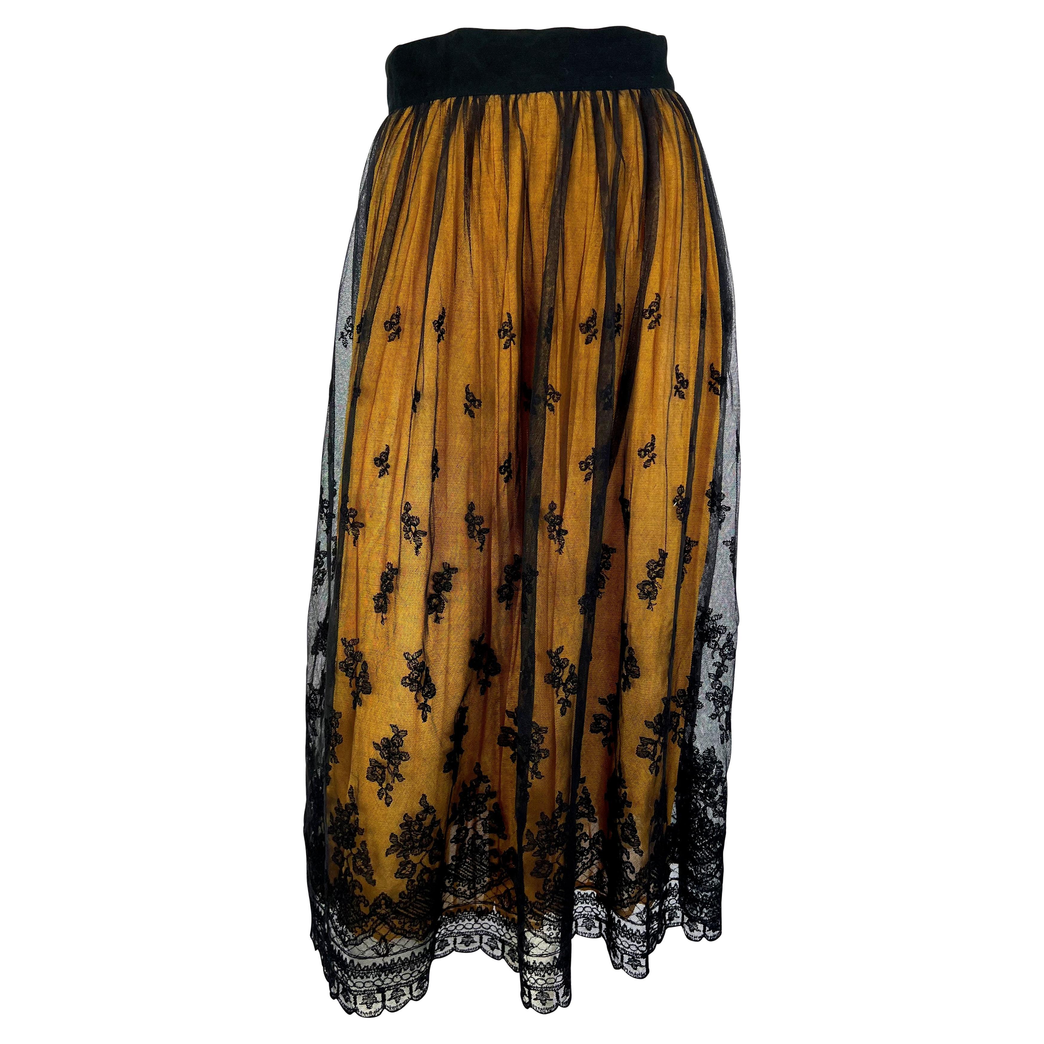 1990s Dolce & Gabbana Black Lace Overlay Yellow Sheer Flared Maxi Skirt For Sale