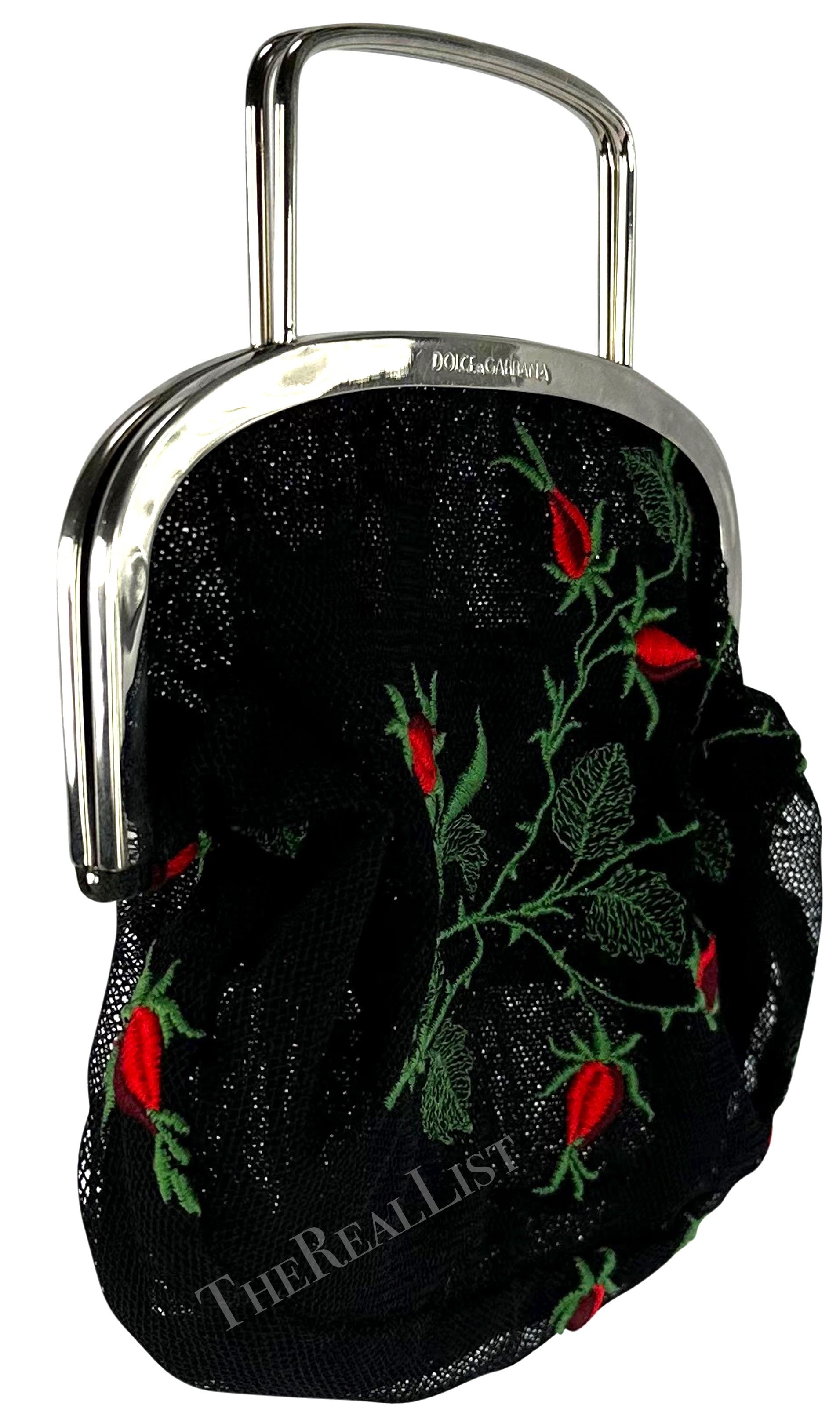 1990s Dolce & Gabbana Black Mesh Red Embroidered Floral Mini Evening Bag For Sale 6
