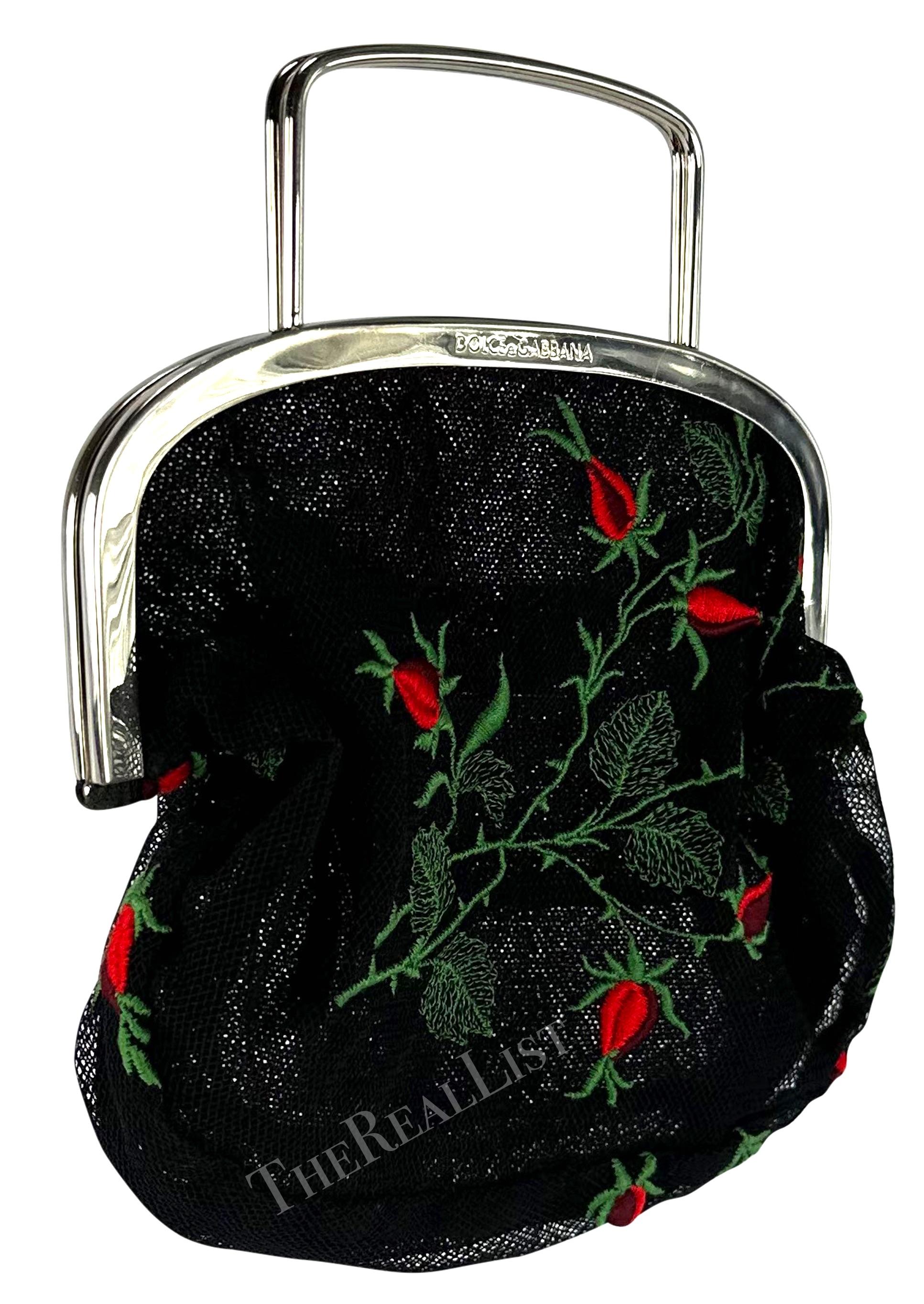 1990s Dolce & Gabbana Black Mesh Red Embroidered Floral Mini Evening Bag For Sale 7