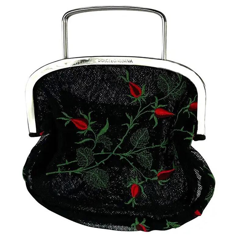 1990 Dolce & Gabbana Mini bolso de noche bordado floral rojo de malla negra