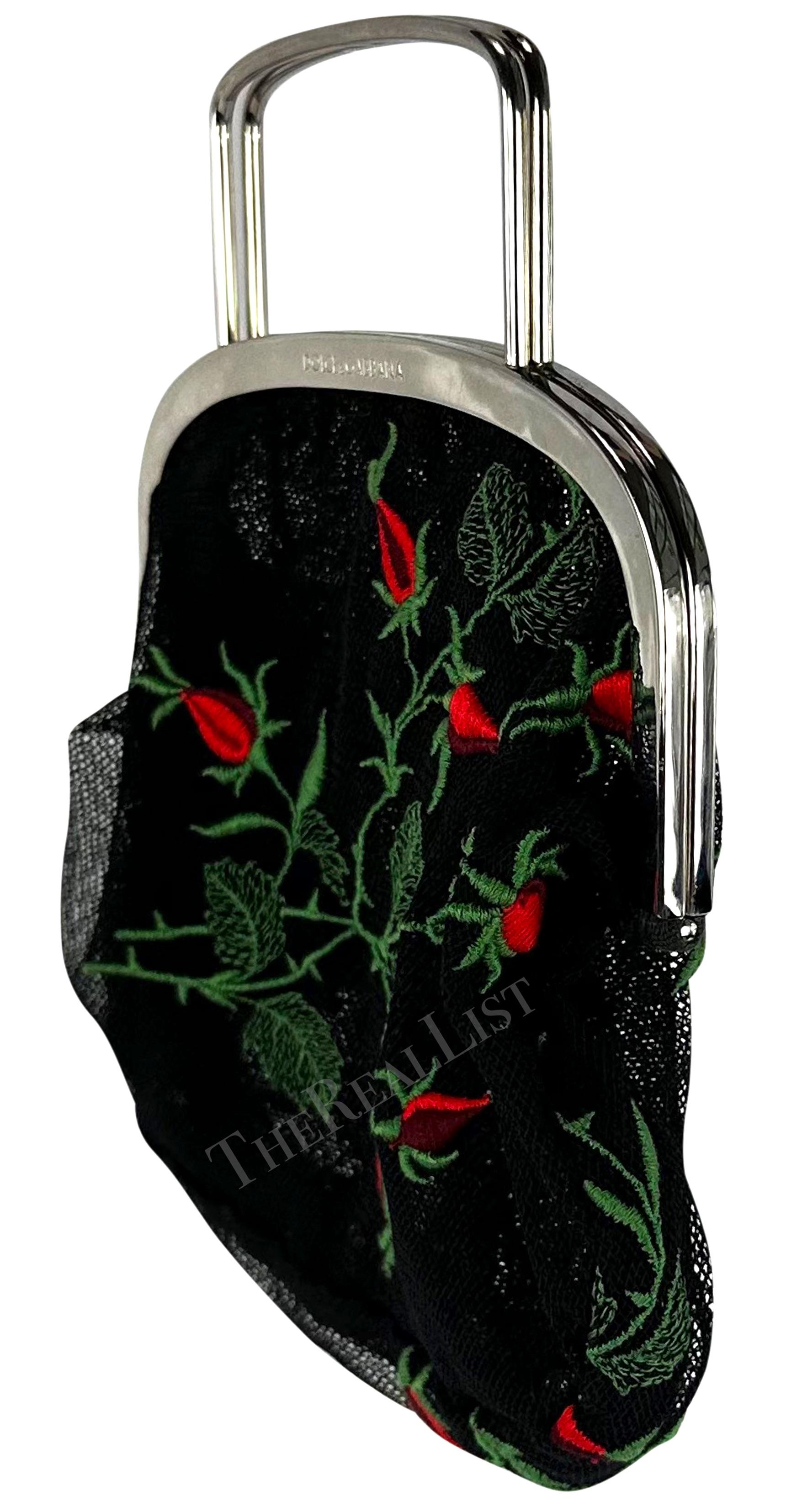1990s Dolce & Gabbana Black Mesh Red Embroidered Floral Mini Evening Bag In Good Condition For Sale In West Hollywood, CA