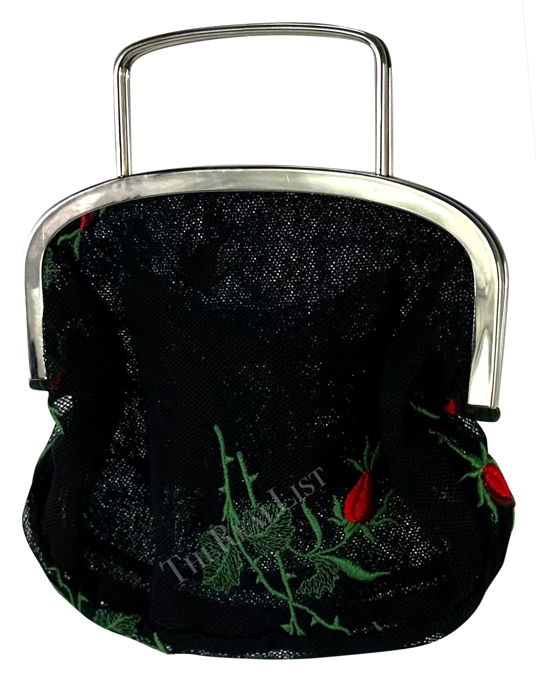1990s Dolce & Gabbana Black Mesh Red Embroidered Floral Mini Evening Bag For Sale 1