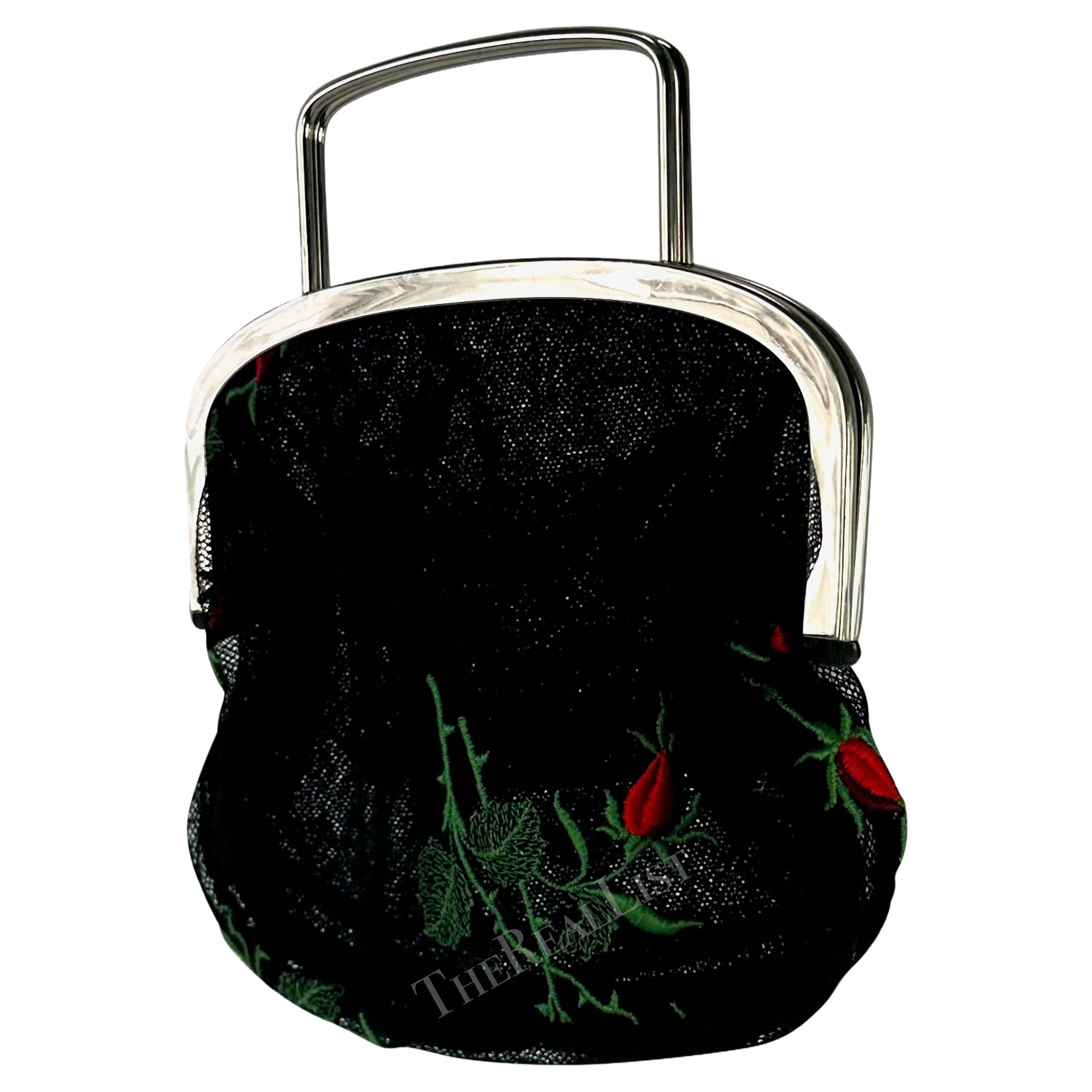 1990s Dolce & Gabbana Black Mesh Red Embroidered Floral Mini Evening Bag For Sale 2