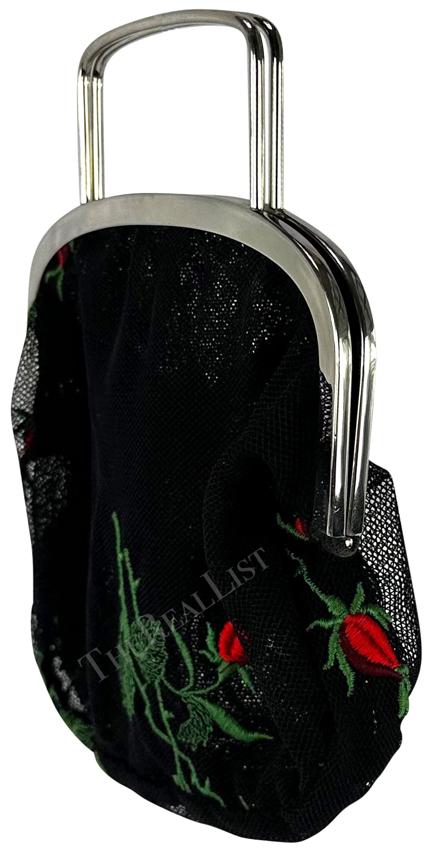 1990s Dolce & Gabbana Black Mesh Red Embroidered Floral Mini Evening Bag For Sale 3