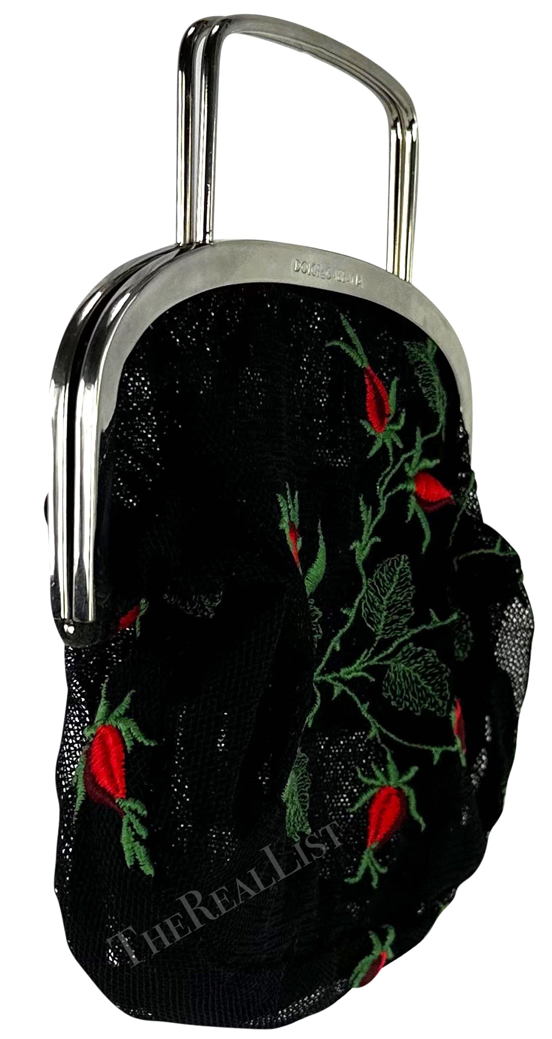 1990s Dolce & Gabbana Black Mesh Red Embroidered Floral Mini Evening Bag For Sale 5