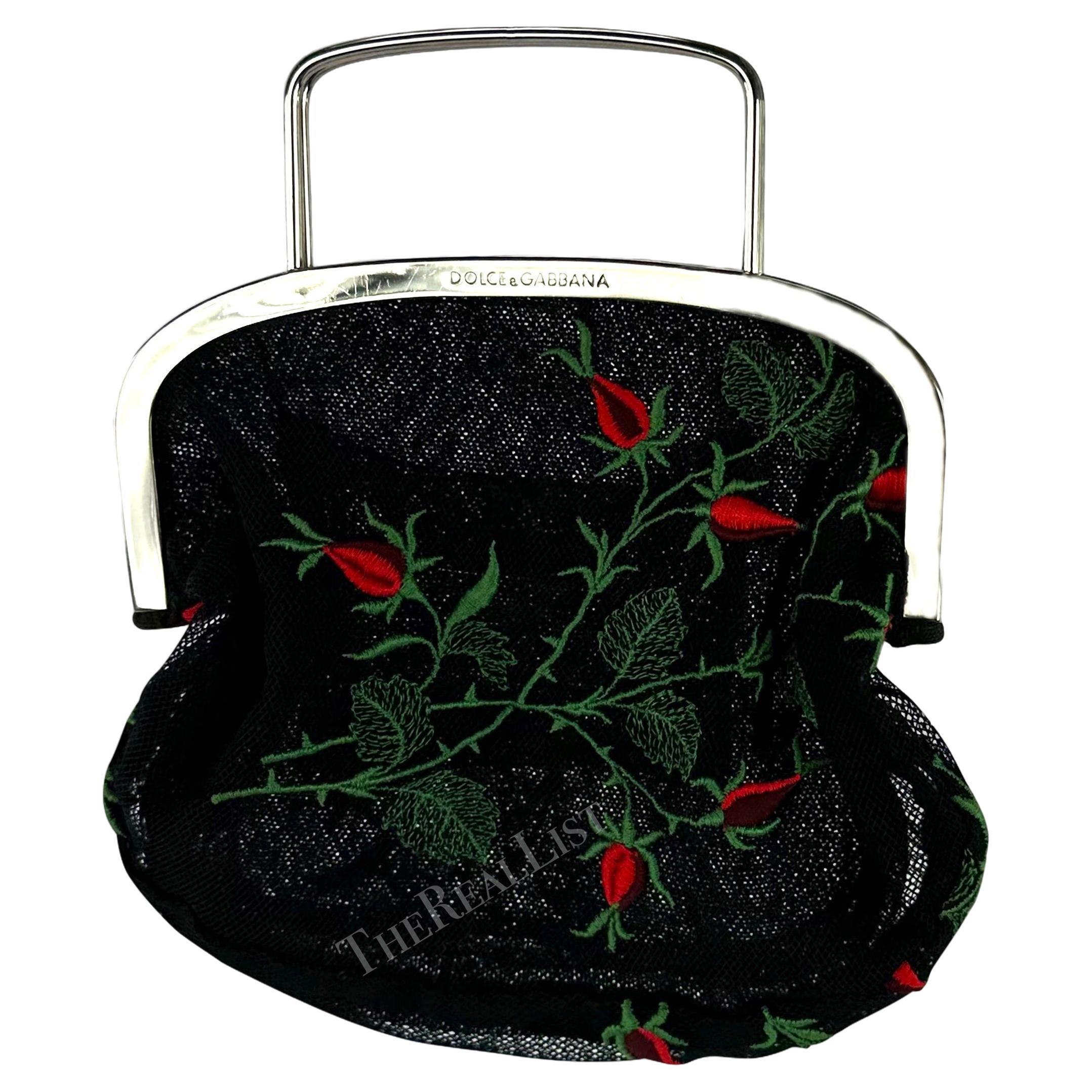 1990s Dolce & Gabbana Black Mesh Red Embroidered Floral Mini Evening Bag For Sale