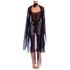 1990S DOLCE & GABBANA Black Sheer Silk Pleated Chiffon Dress With Cape