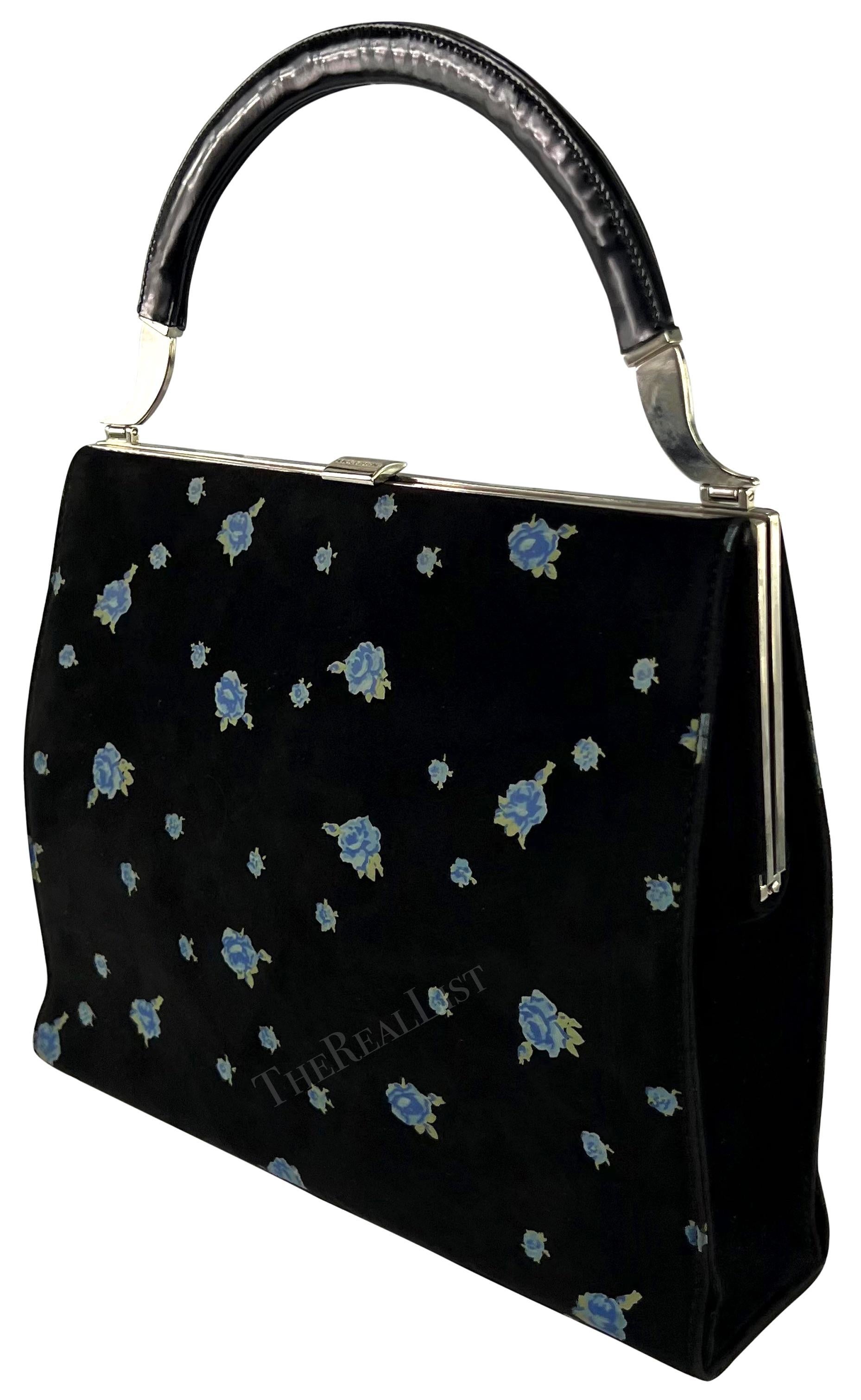 1990s Dolce & Gabbana Black Suede Blue Rose Print Large Top Handle Bag In Good Condition For Sale In West Hollywood, CA