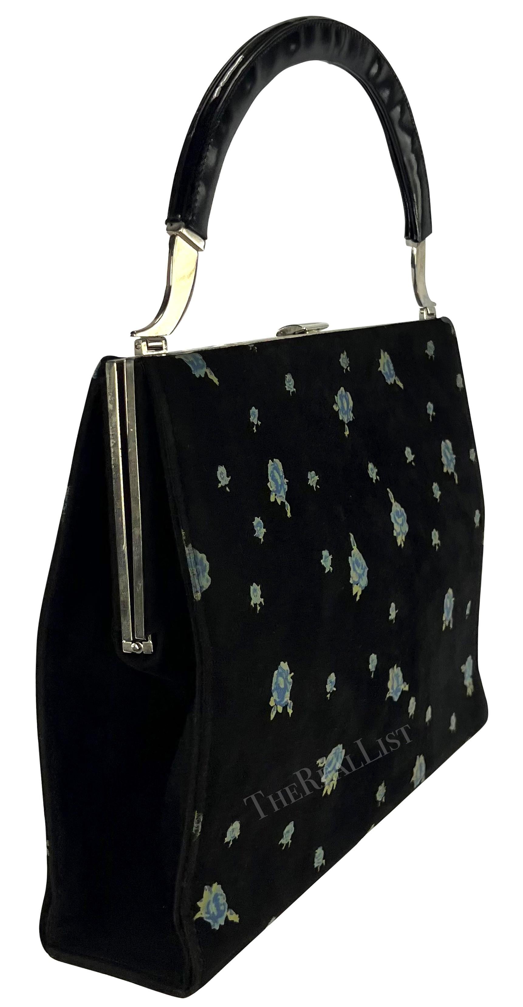 Women's 1990s Dolce & Gabbana Black Suede Blue Rose Print Large Top Handle Bag For Sale