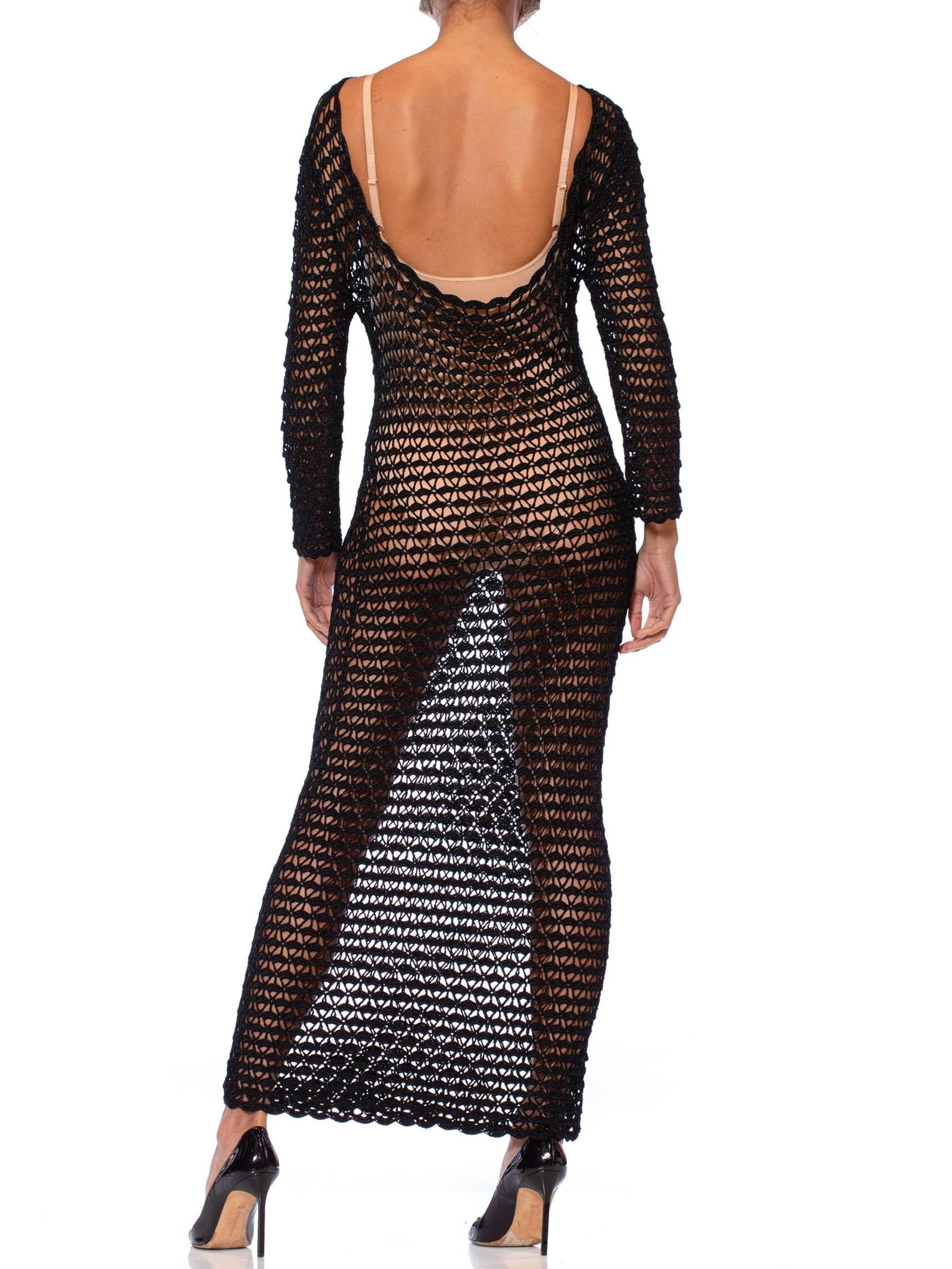 1990S DOLCE & GABBANA Black Viscose Crochet Long Sleeve Maxi Dress In Excellent Condition For Sale In New York, NY