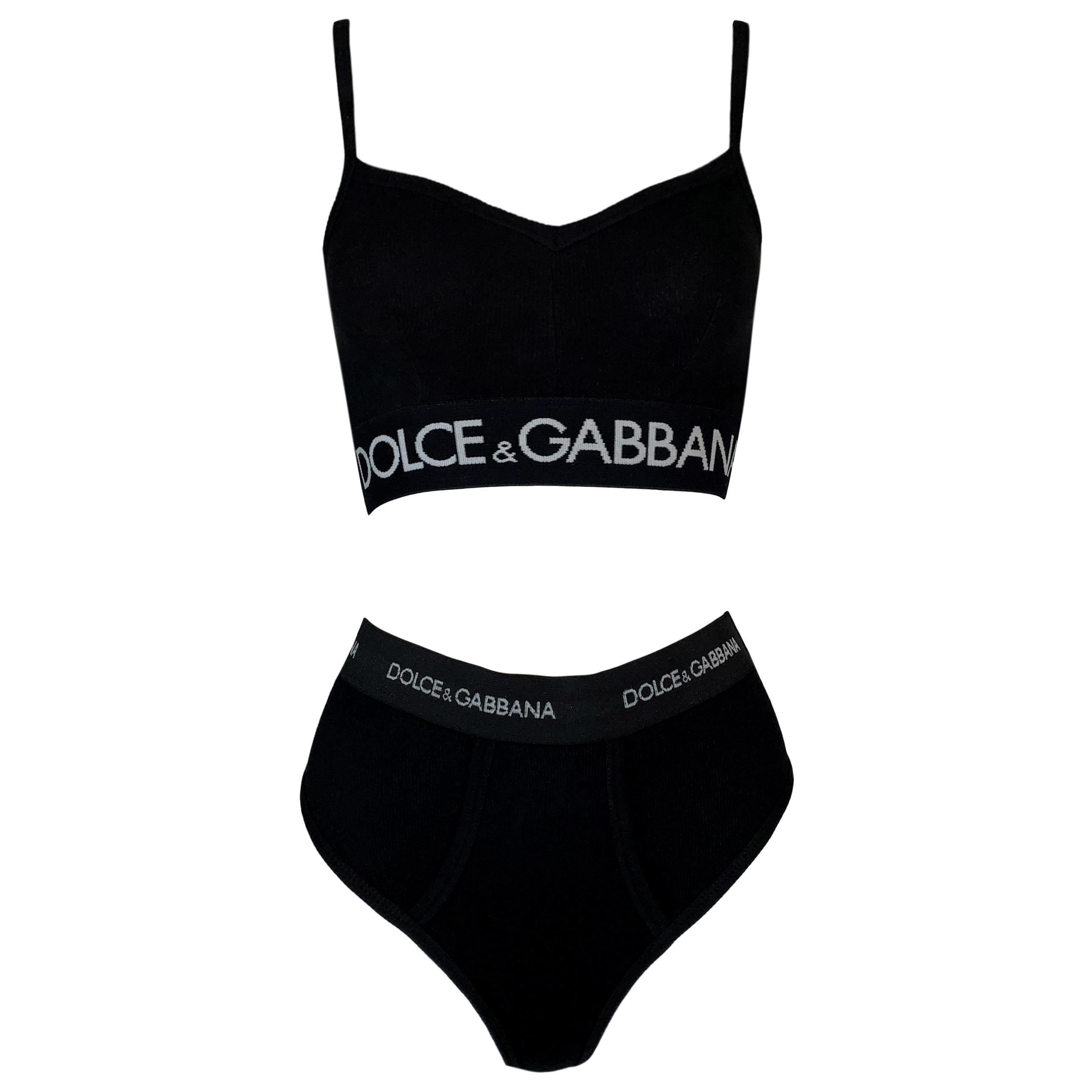1990's Dolce & Gabbana Black White Logo Crop Top & Lingerie Set