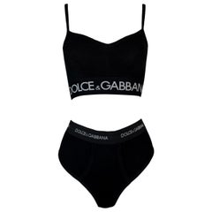 Used 1990's Dolce & Gabbana Black White Logo Crop Top & Lingerie Set