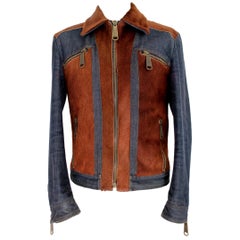 Vintage 1990s Dolce & Gabbana Blue Brown Pony Leather Cotton Jacket